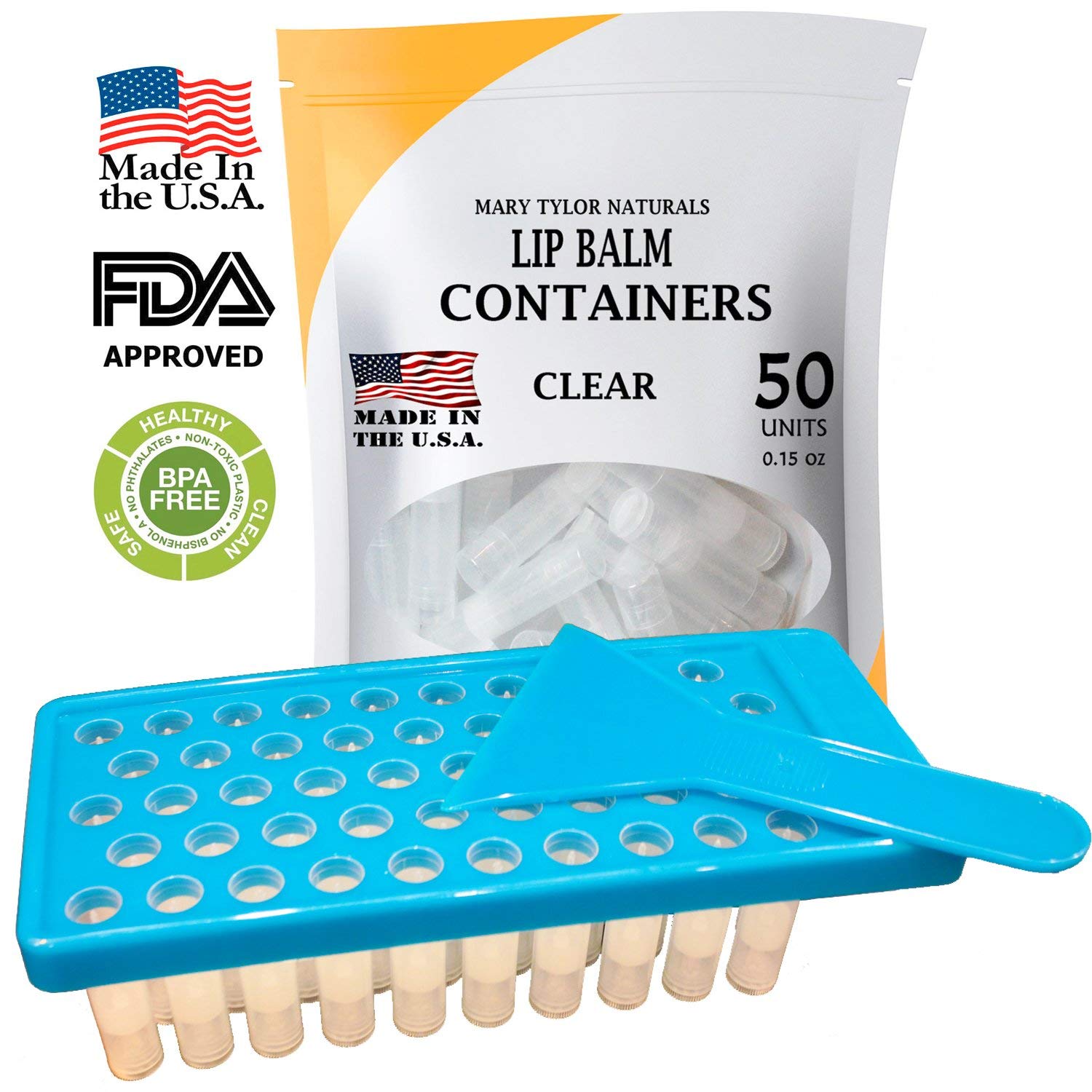 Lip Balm Kit, Made in the USA Fill Tray With Spatula and 50 Clear Lip Balm Containers (0.15 oz each) BPA Free by Mary Tylor Naturals