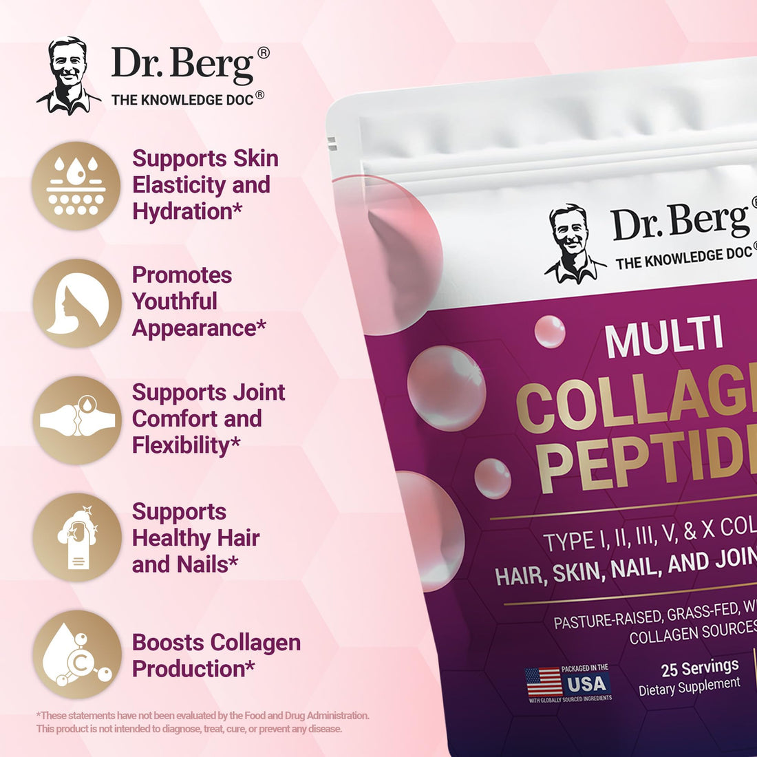 Dr. Berg Multi Collagen Peptides Powder Types I, II, III, V, X - Unflavored Collagen Powder w/ 14 g of Protein - Grass-Fed, Pasture-Raised & Wild-Caught Collagen Sources - 25 Servings