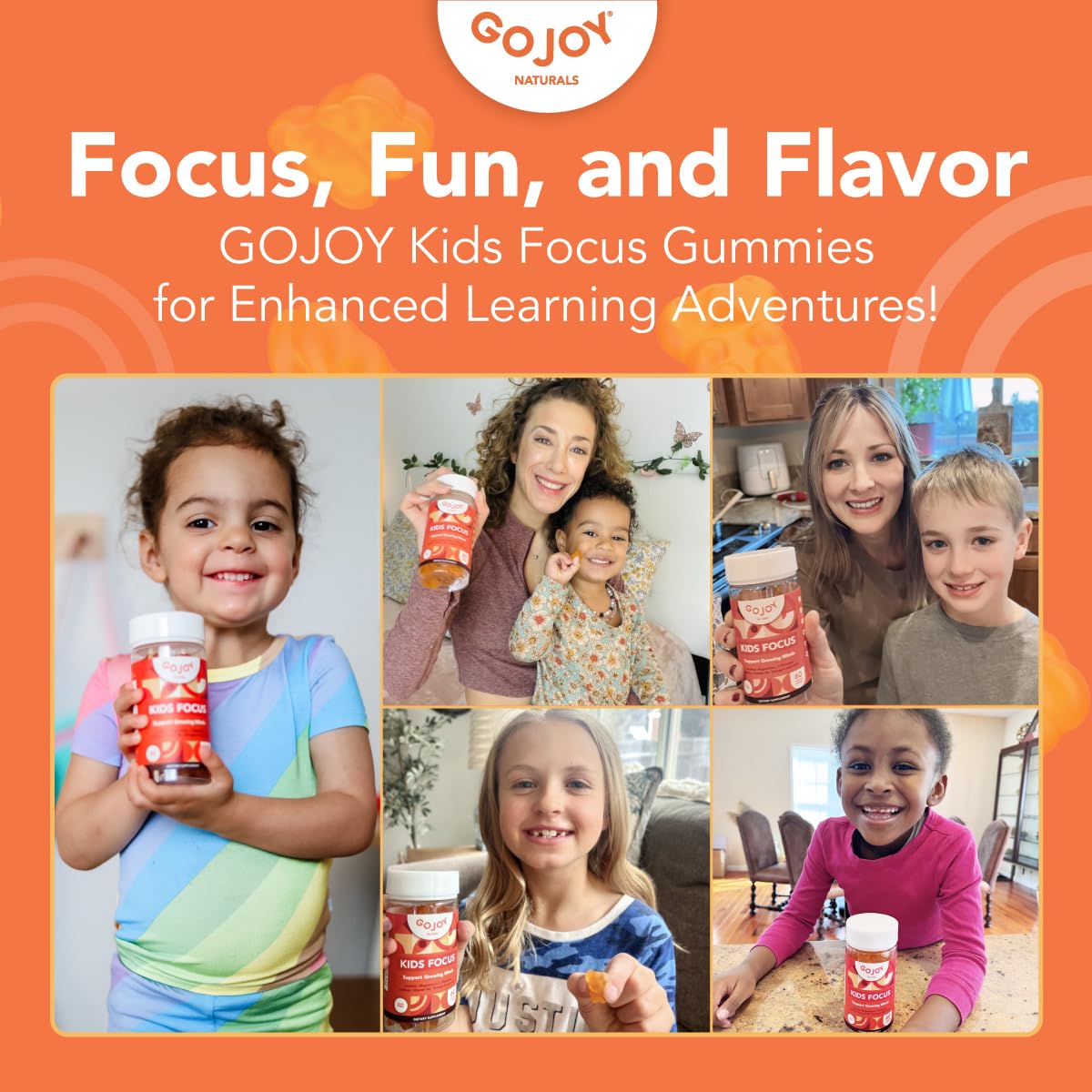 GOJOY NATURALS Kids Focus Gummies - 7-in-1 Focus & Attention Supplement for Kids & Teens w/Inositol, Magnesium Glycinate, L-Theanine, Saffron & More - Vegan, Gluten & Sugar-Free, Non-GMO