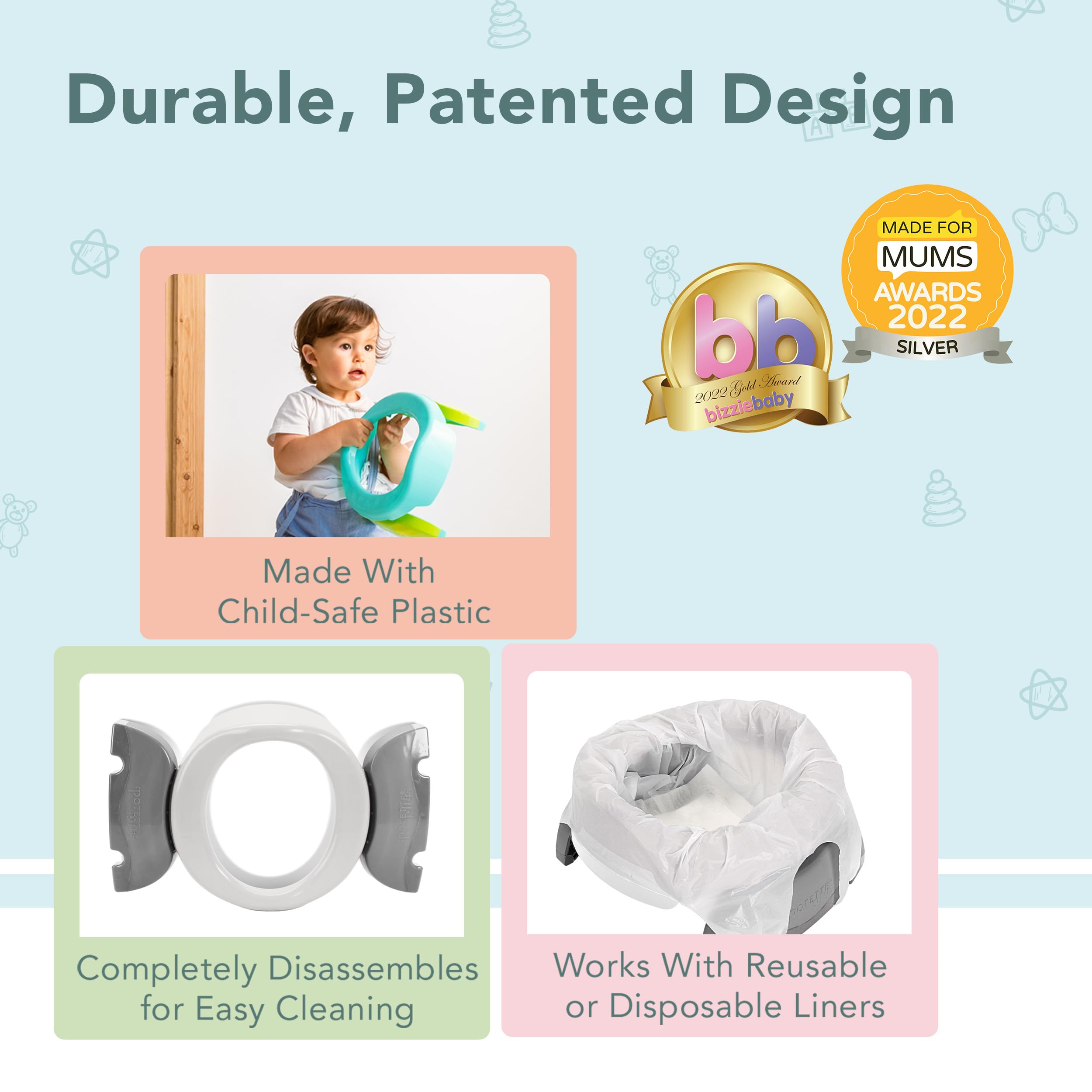 Kalencom Potette Plus 2-in-1 Travel Potty and Trainer Seat - Dual-Purpose Potty Training Toilet Seat - Portable Potty for Toddler Travel - with Durable, Lock-in Legs and Splash Guard - White/Gray