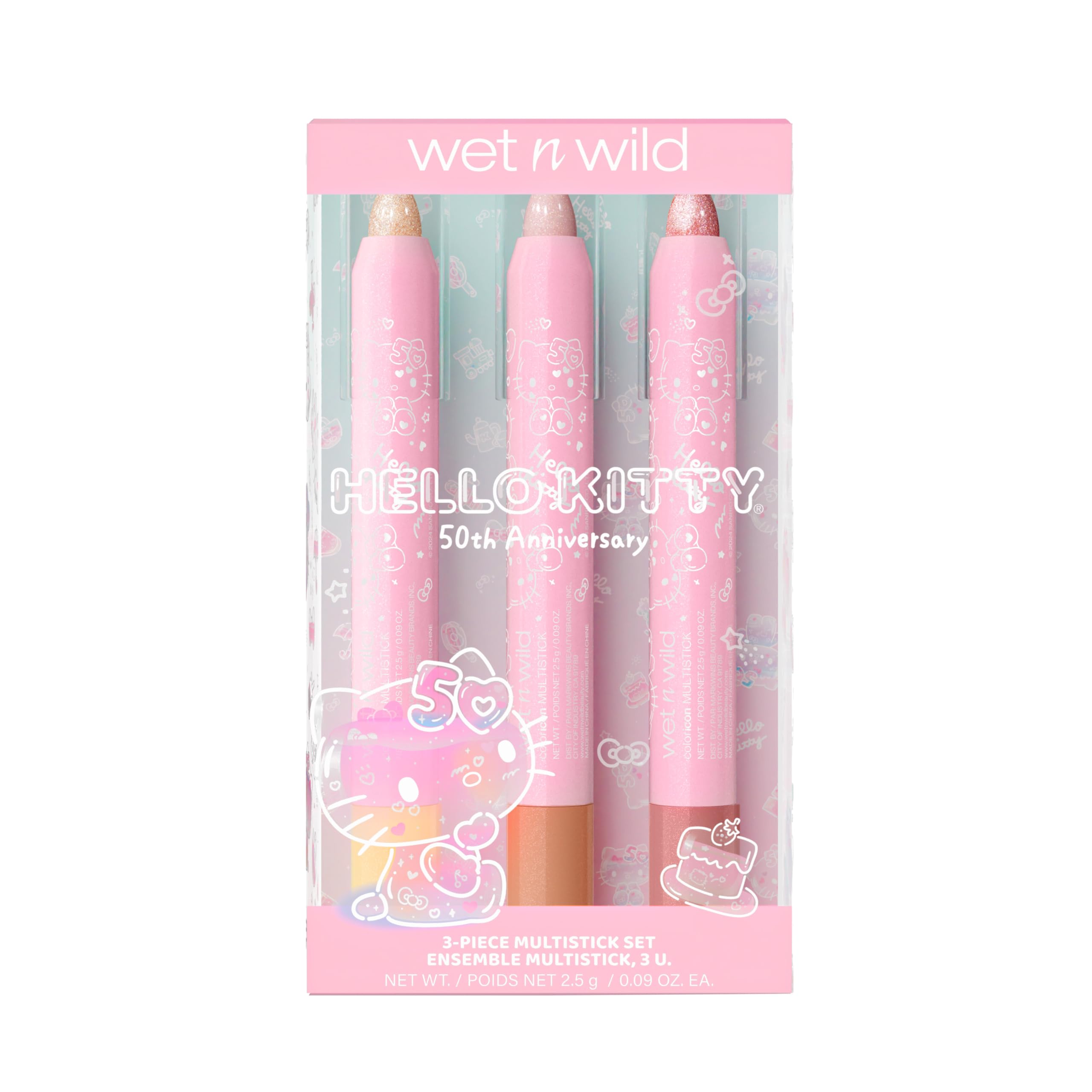 wet n wild Hello Kitty 3-Piece Multi Stick Set, Multi-Functional Versatile Shades, Shimmery Rich Pigmented Cream to Powder Glittery Formula, Cruelty-Free & Vegan