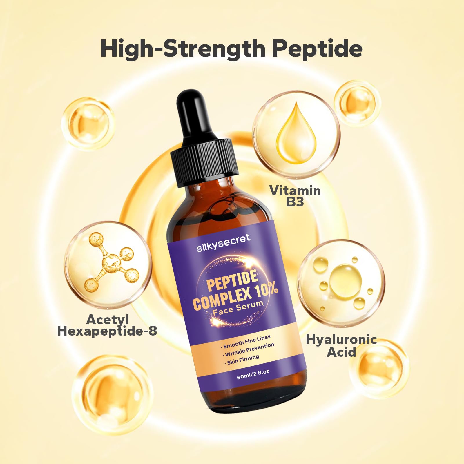 SilkySecret 10% Peptide Serum (2 Fl Oz), Collagen Peptide Serum, Hyaluronic Acid & Niacinamide, Anti-Aging Argireline, Hydrating, Firming & Wrinkle-Reducing Face Serum