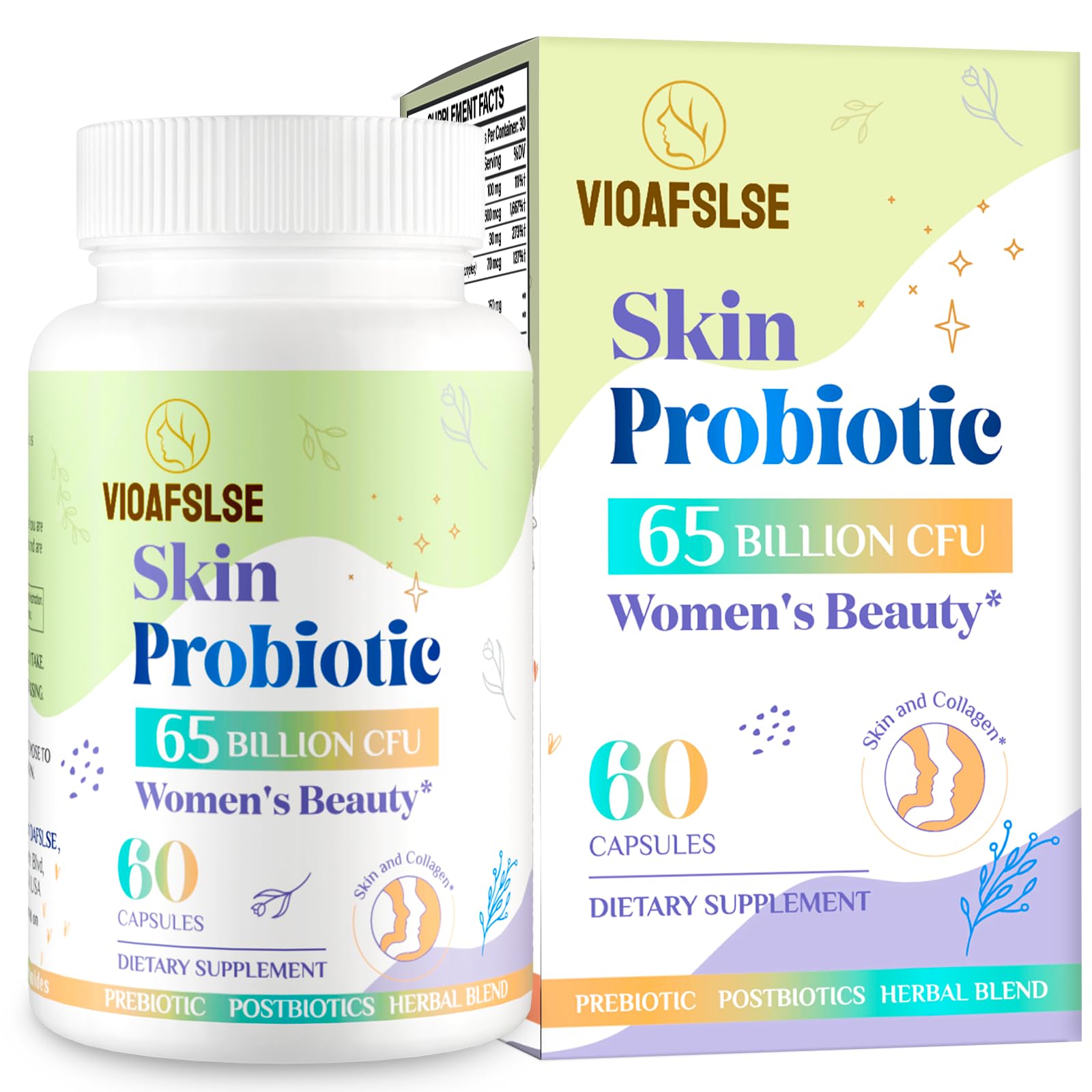 Beauty Probiotics for Women, Collagen Boost with 3-in-1 Complete Prebiotics, Postbiotics & Probiotics for Hair, Skin, Nails & Vaginal Health - 65 Billion CFU, Ceramides, Resveratrol & CoQ10, 60 Caps
