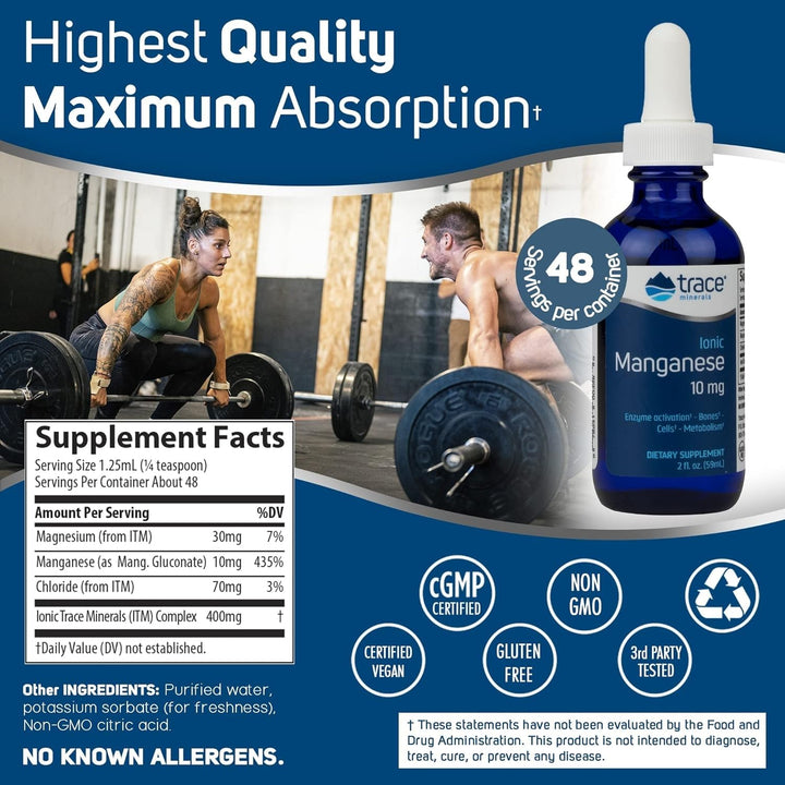 Trace Minerals Ionic Manganese - Liquid Supplement to Support Bone Strength & Growth - Cellular Health Support Supplement to Aid Enzyme Activation & Antioxidant Function - 2 fl oz (About 48 Servings)