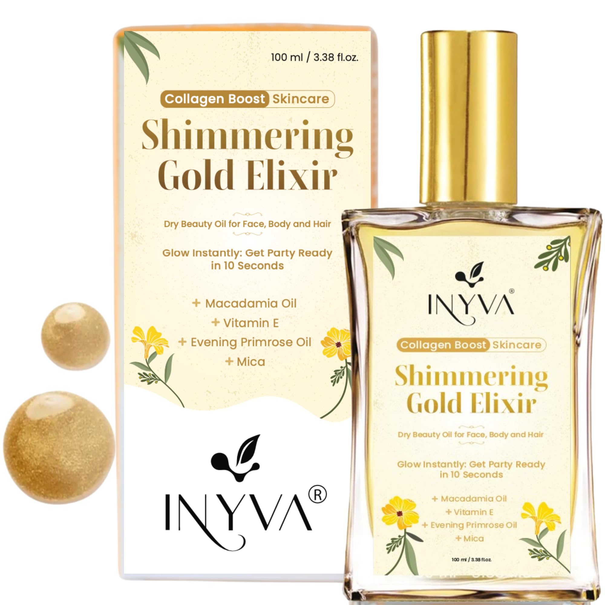 INYVA Shimmering Elixir Gold Dry Oil for Face, Body & Skin | Radiant Glow in 10 Seconds | Nourishes with Macadamia, Aloe Vera & Grapeseed Oils 3.38 Oz