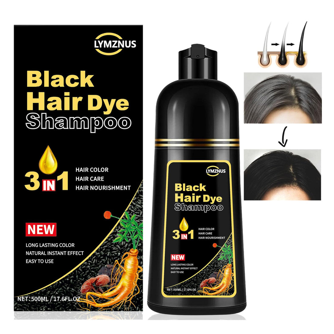 lymznus Herbal Black Hair Dye 3 in 1 - Black Hair Dye Shampoo for Gray Hair, Instant Black Hair Shampoo for Women & Men, 100% Grey Coverage, Black Hair Color Shampoo 500ML