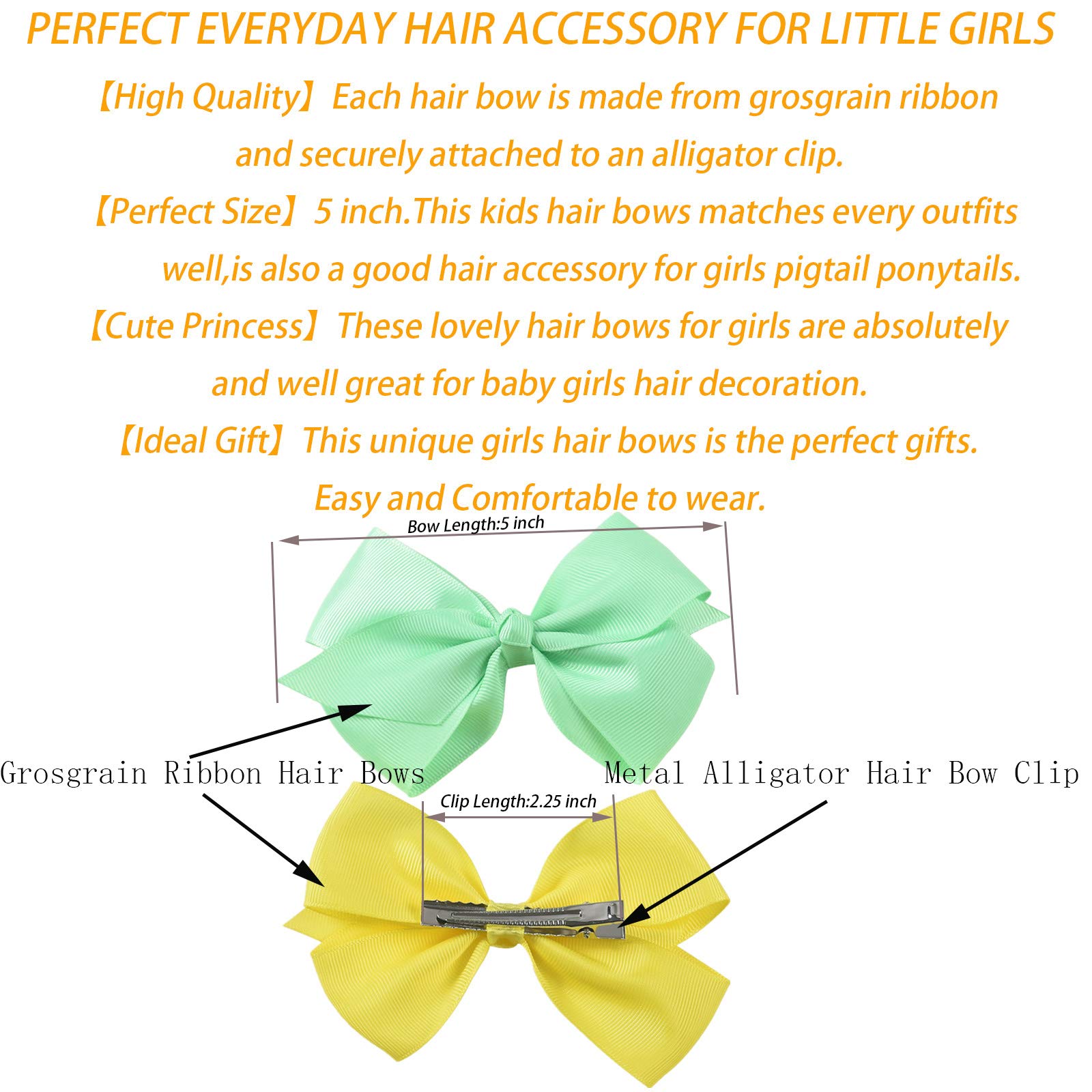 Eyegla Hair Bows For Girls 5 Inch Bow Hair Clips Girl Hair Bows For Hair Grosgrain Ribbon Hair Accessories Pack of 12 Color