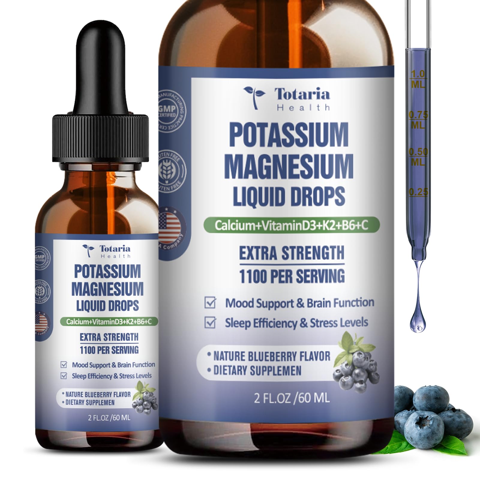 (2 Packs) Potassium Magnesium Supplement Liquid Drops - 200mg Potassium & 600mg Triple Complex Magnesium Glycinate Liquid Citrate Oil High Absorption Potasio Support Bone, Muscle, Leg Cramps