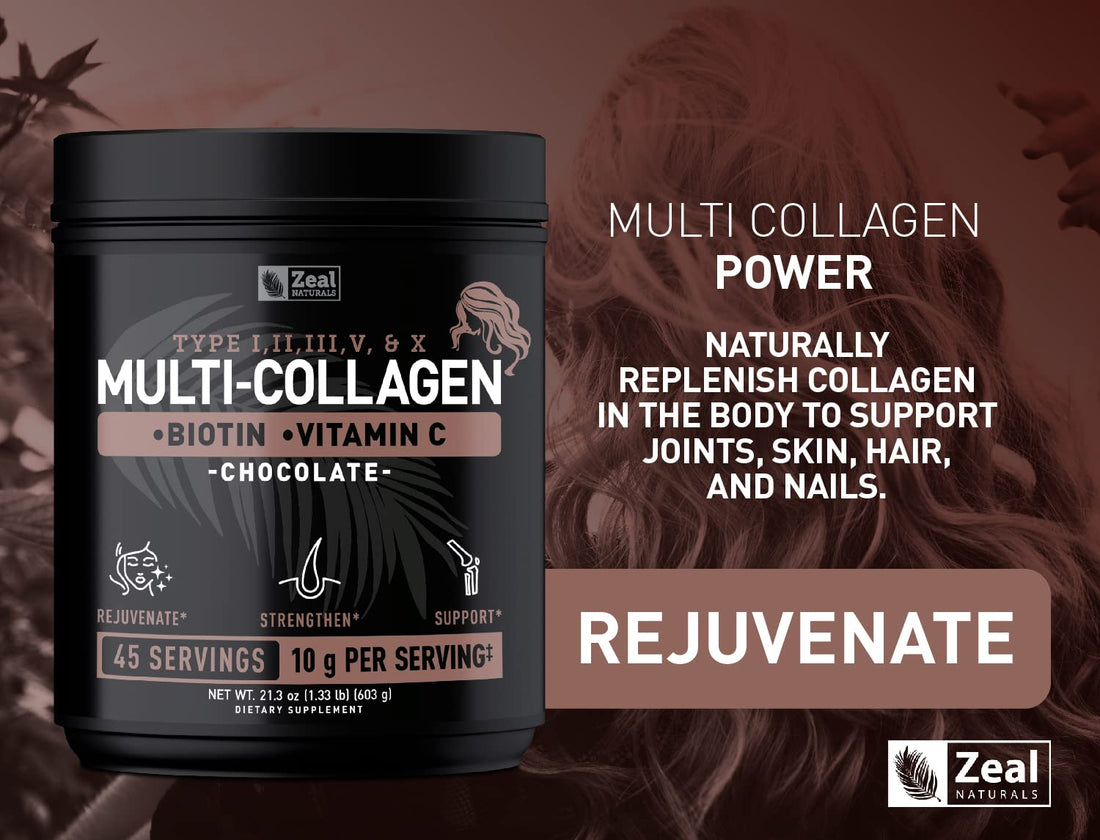 Premium Multi Collagen Peptides Protein Powder (1, 2, 3, 5 & 10) with Vitamin C, Biotin, Hyaluronic Acid, for Hair Skin and Nails - Marine, Bovine, Chicken & Eggshell (Chocolate, 45 Servings)