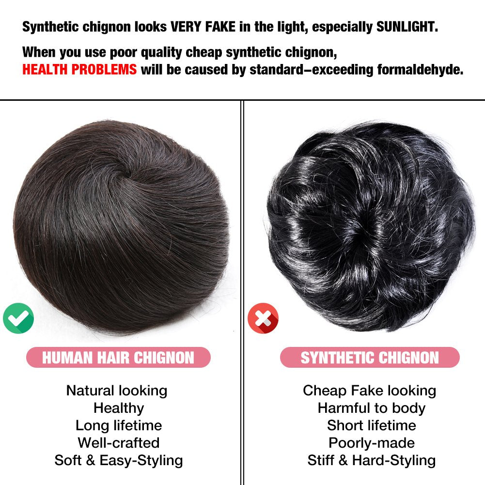 #1B Natural Black : Bella Hair 100% Human Hair Bun Extension Donut Chignon Hairpieces for Both Women and Men Instant Up Do Style Bun Wig (#1B Natural Black)