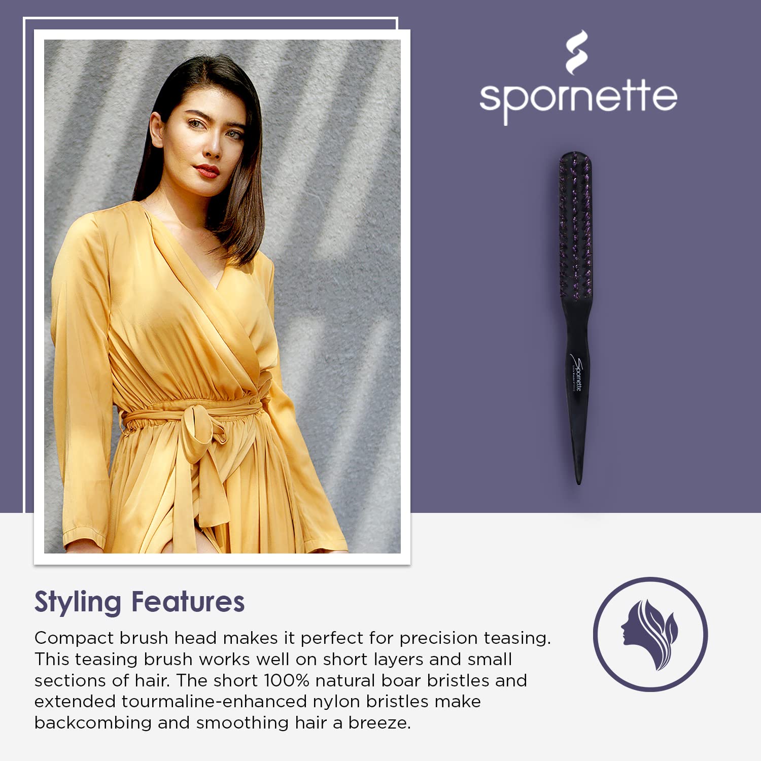 Spornette Little Wonder Teasing Brush, Boar & Tourmaline Nylon Bristles - Tapered Handle for Back Brushing & Combing, Creating Volume, Teasing, & Slicking Hair for Updos (Purple)