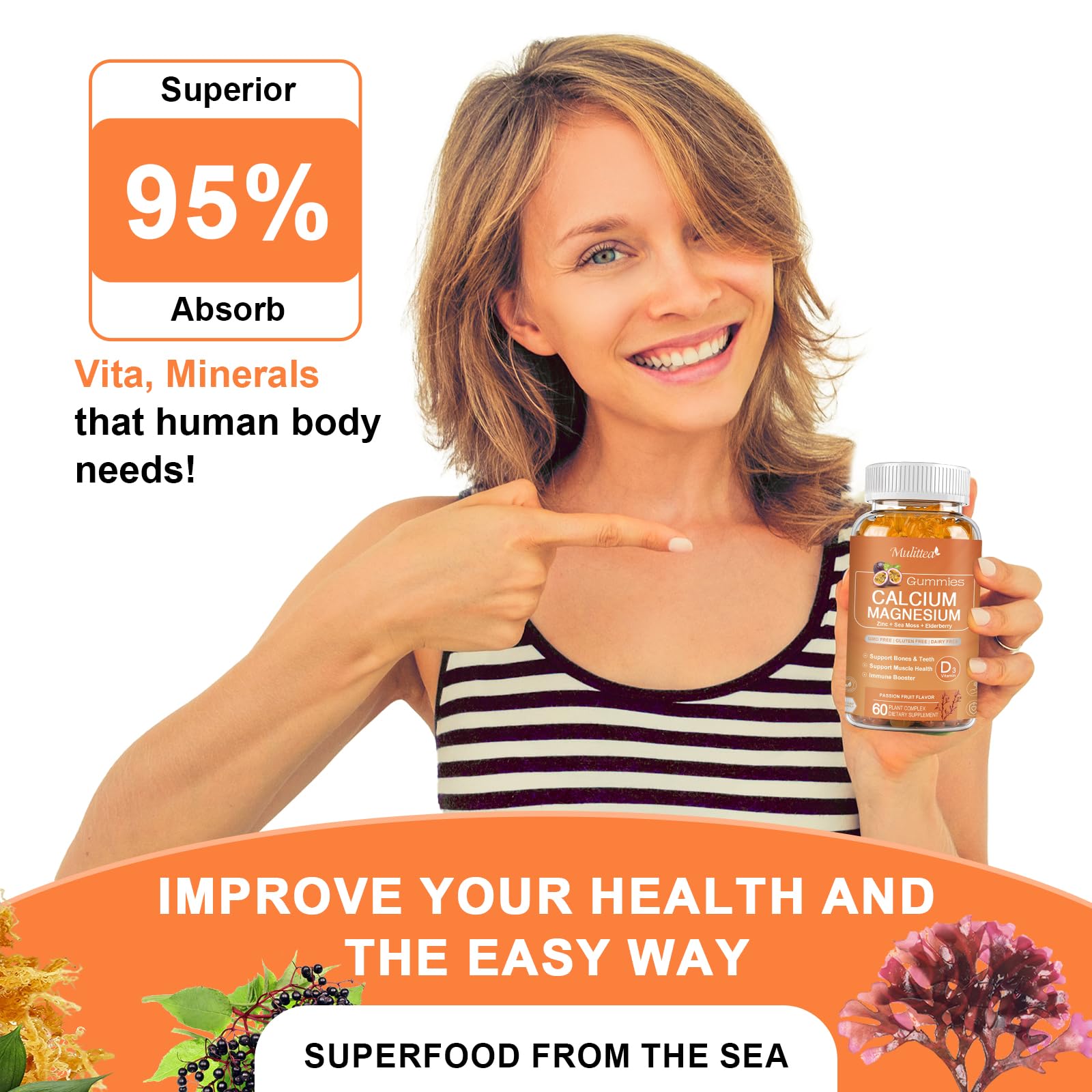 Calcium Gummies with D3,Zinc - Plant Complex Calcium Magnesium Supplement with Glycinate,Potassium,Vitamin C &Whole Natural Food for Bone & Immune Support- Chewable Gummy Sugar-Free -(1pack)