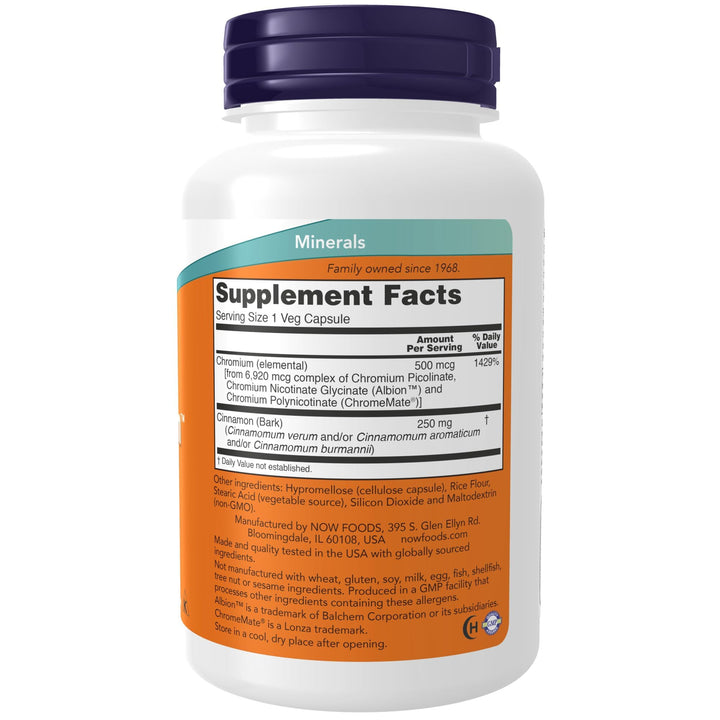 NOW Supplements, Tri-Chromium™ 500 mcg with Cinnamon, Insulin Co-Factor*, 180 Veg Capsules