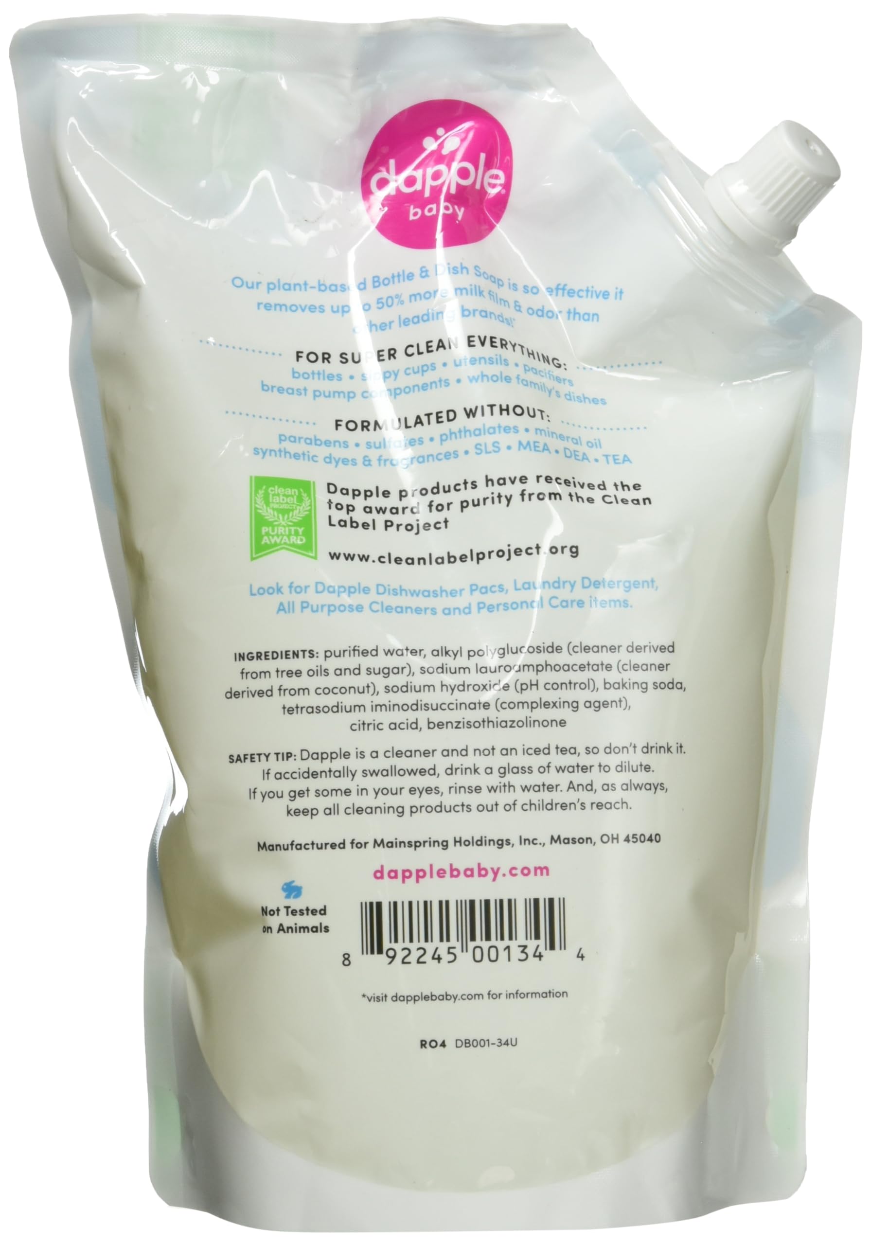 Dapple Refill Pack Baby Bottle and Dish Liquid, Fragrance Free, 33.8 Fluid Ounce