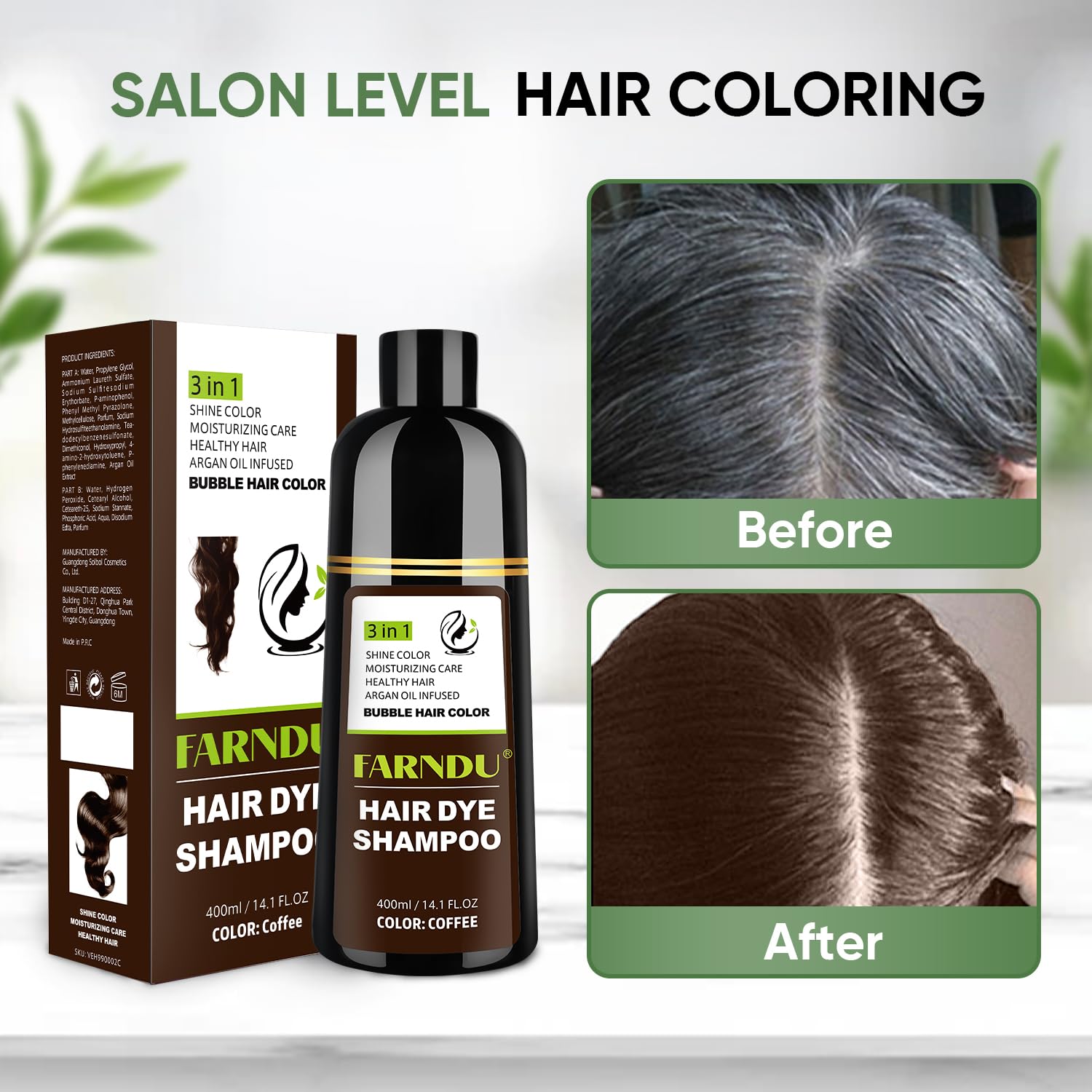 Farndu Coffee Hair Dye Shampoo for Women & Men - Gray Coverage 3 In 1 Natural Color Shampoo