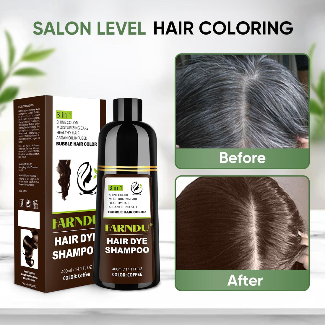 Farndu Coffee Hair Dye Shampoo for Women & Men - Gray Coverage 3 In 1 Natural Color Shampoo