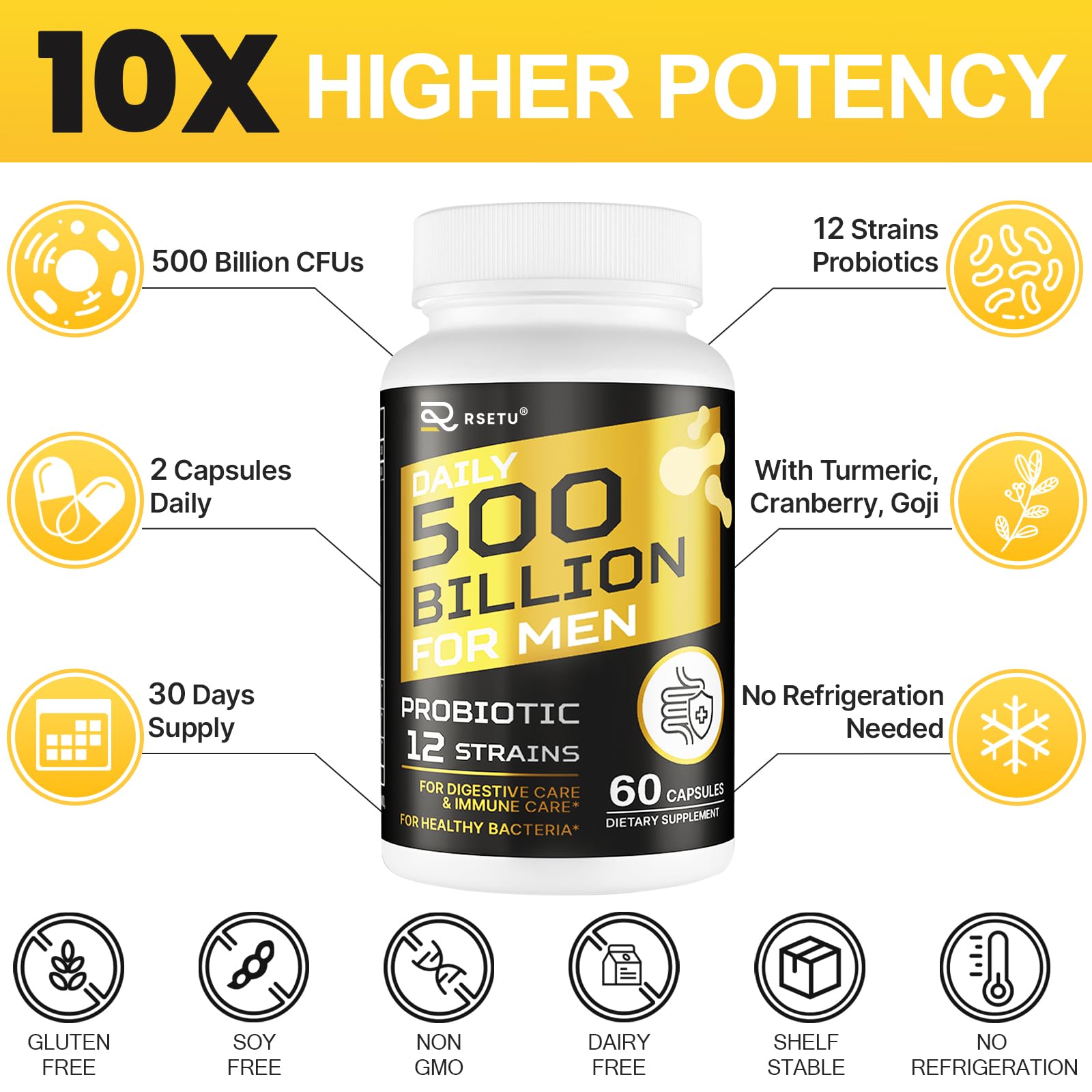 Probiotics for Men, 500 Billion CFUs & 12 Strains Mens Probiotic with Turmeric Cranberry, Goji, Gut Health for Men, for Digestive Health, Gut, Bloating & Gas, Immune, Energy Support, 60-Day Supply