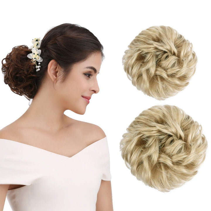 REECHO Messy Bun Hair Piece, 2PCS Tousled Updo Hair Bun Extensions Hair Scrunchies Curly Wavy Ponytail Hairpieces Hair Accessories for Women Girls - Light Ash Blonde
