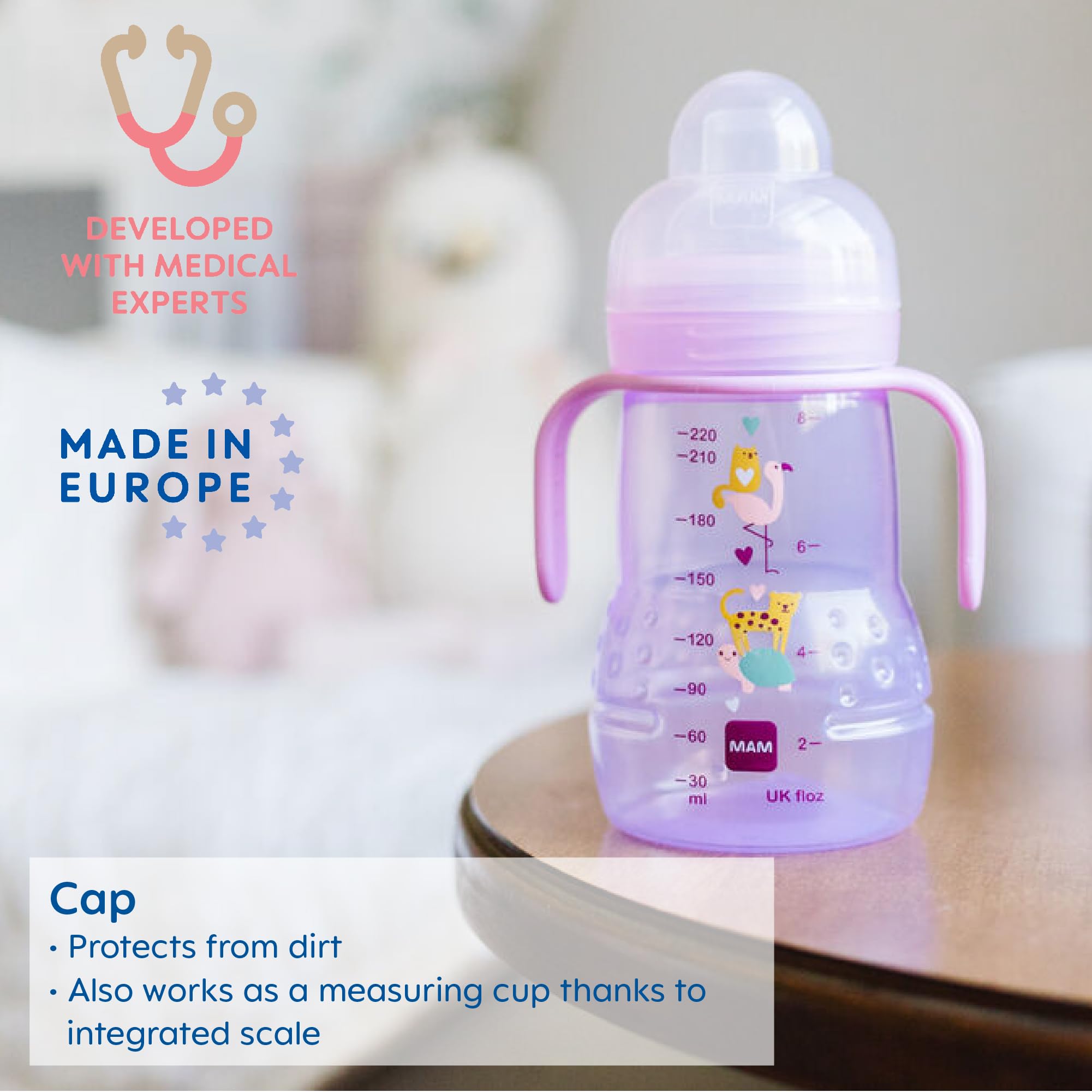 MAM Trainer Sippy Cup for Toddlers 1-3, 8 oz. Transition Drinking Cup with Extra-Soft Spout, Spill-Free Nipple, and Non-Slip Handles, for Boys 4+ Months, 1 Count