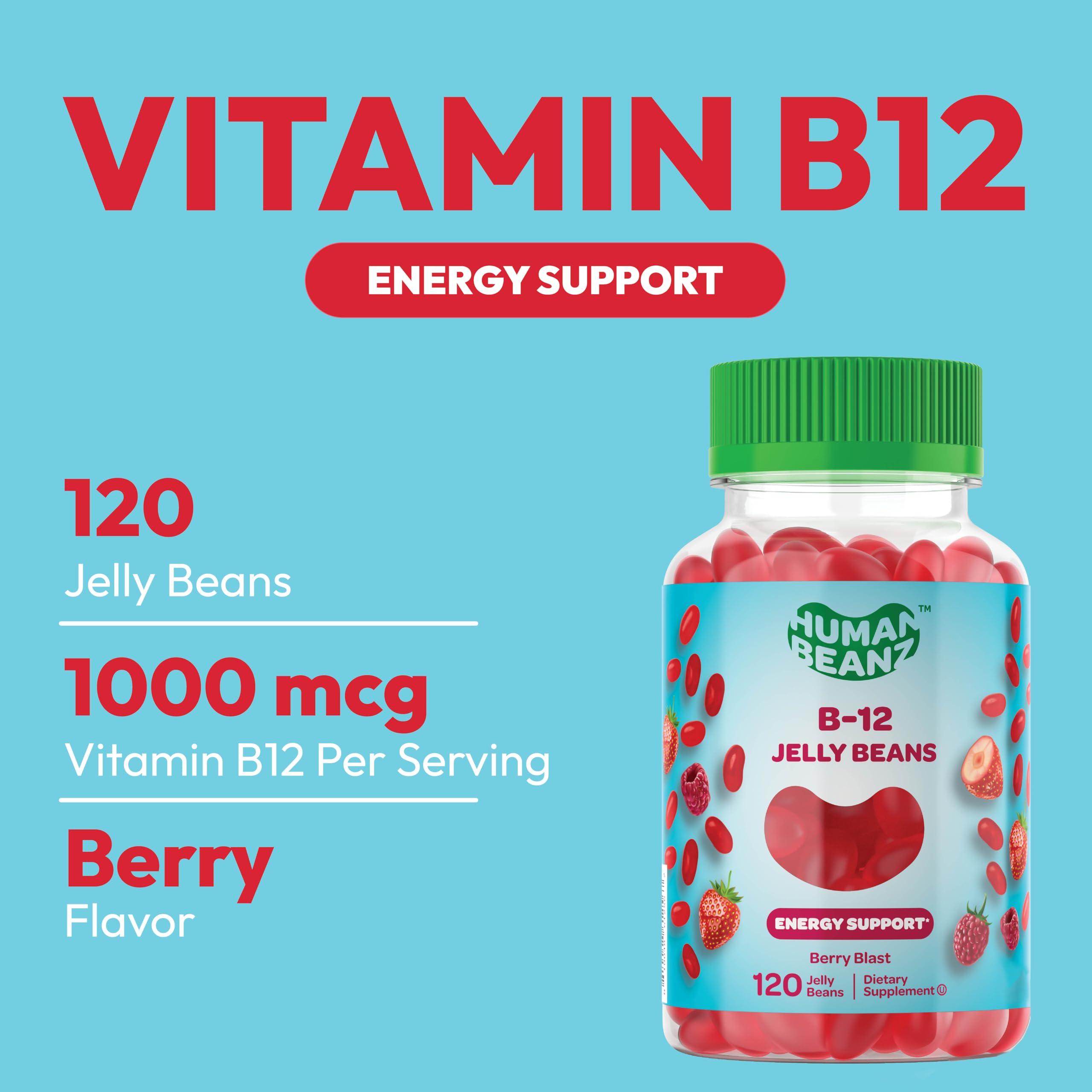 Human Beanz Methylated Vitamin B12, Jelly Bean Gummies for Adults, Brain Health and Energy Booster, Healthy Hair, Skin, and Nails, Nutritional Vegetarian Supplements, 120 Jelly Beans