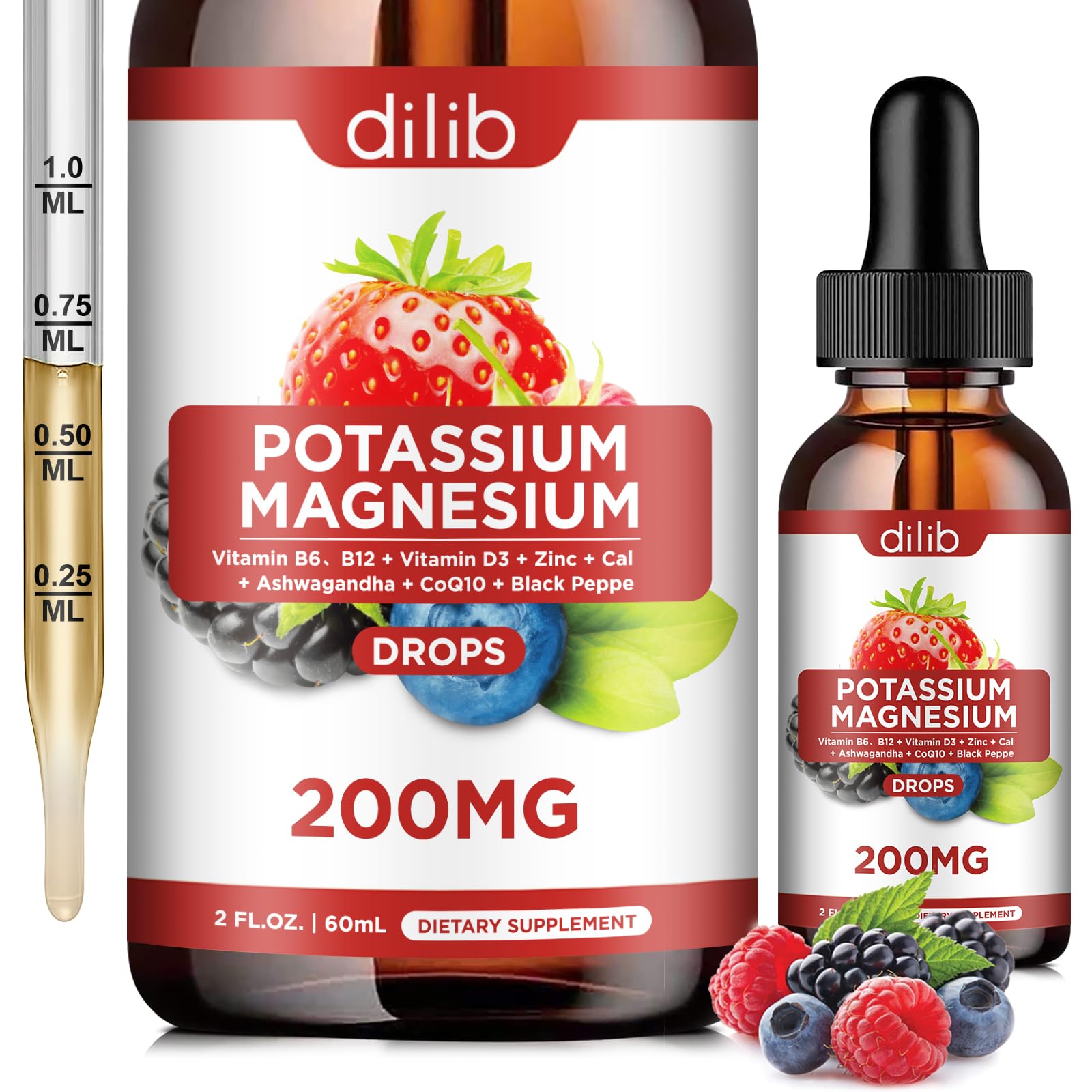 Potassium Magnesium Citrate Supplement, Liquid Magnesium Citrate Drops 200mg with Ashwagandha, Calcium, Zinc, Vitamin D3, B6, B12, CoQ10 - Vegan 2 fl oz Mix Berry Flavor