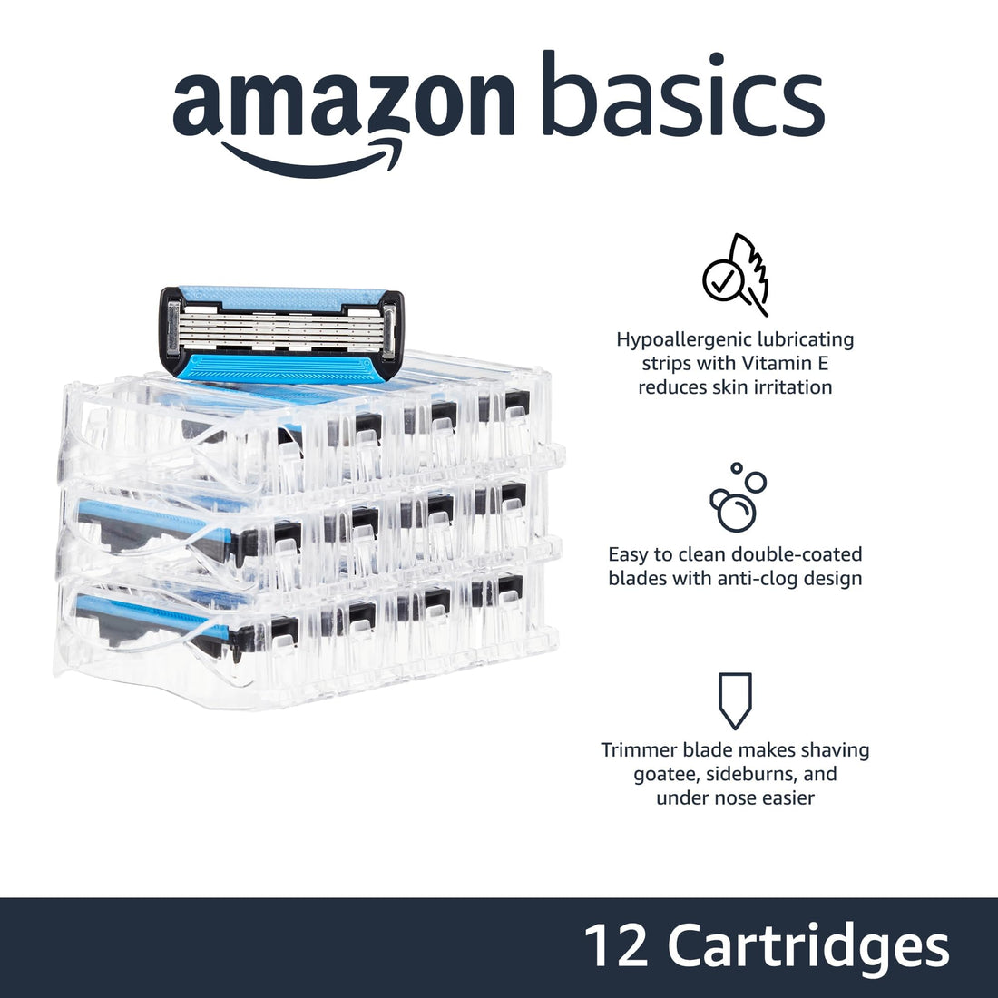 Amazon Basics 5-Blade Razor Refills for Men with Dual Lubrication and Precision Beard Trimmer, 12 Cartridges (Fits Amazon Basics Razor Handles only) (Previously Solimo)