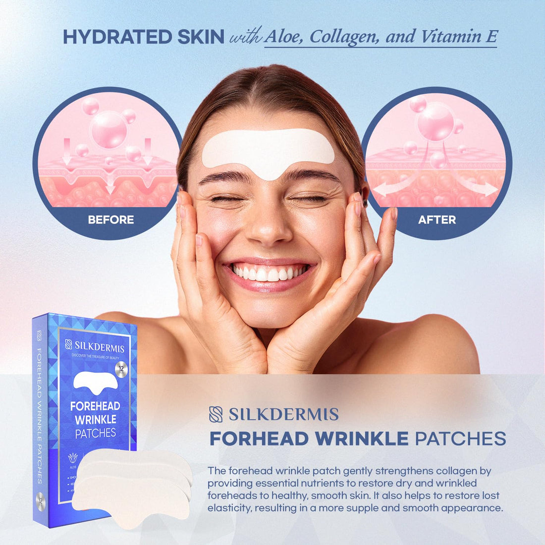 SILKDERMIS Forehead and Facial Wrinkle Patches: Anti Wrinkle Patches-Repair Winkle Remover and Treatment with Aloe Collagen and Vitamin E 12pcs