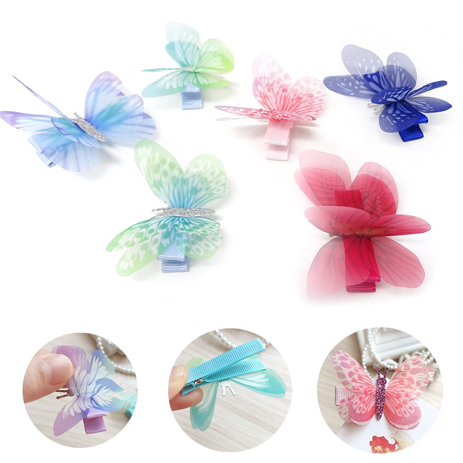 Honbay 6PCS Colorful Chiffon Butterfly Modelling Hair Clips Organza Wings Hair Clips