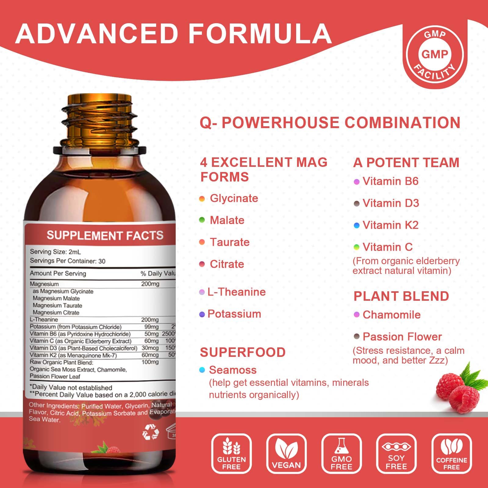 Magnesium Glycinate Liquid Drop - Triple Absorption Supplement to Support Nerves, Night, Heart, Muscles * -Sugar-Free with Potassium, L-Theanine, Sea Moss Vitamin B,C,D3, K2-2Pack