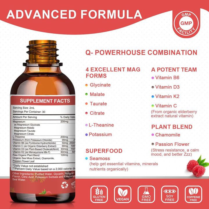 Magnesium Glycinate Liquid Drop - Triple Absorption Supplement to Support Nerves, Night, Heart, Muscles * -Sugar-Free with Potassium, L-Theanine, Sea Moss Vitamin B,C,D3, K2-2Pack