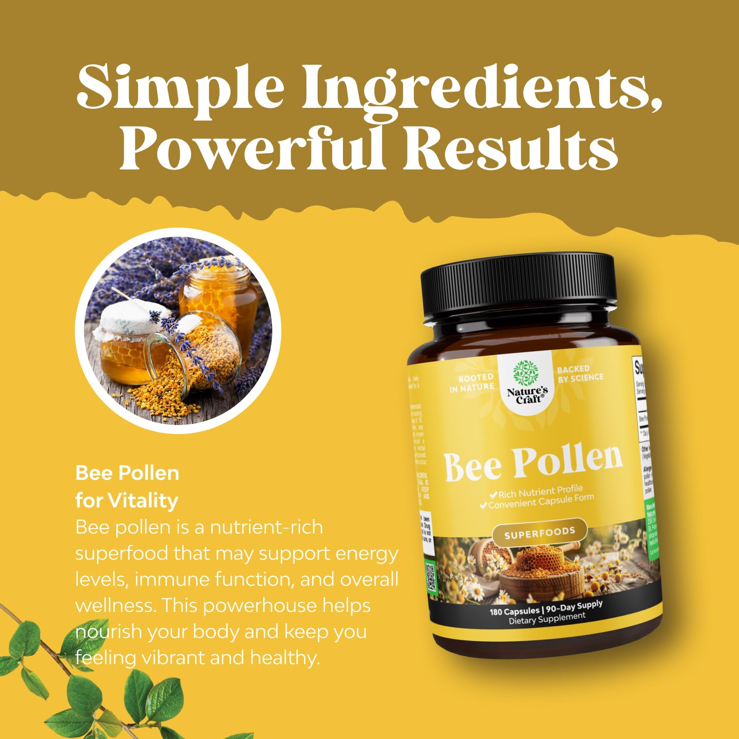 Bee Pollen Supplement 1000mg per Serving - Pure Bee Pollen Capsules with Naturally Occurring B Vitamins Minerals & Enzymes - Pills Made Vegetarian Non-GMO & Gluten Free (90 Servings)