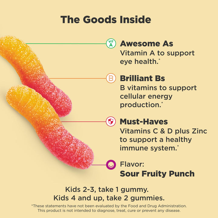 OLLY Kids Multivitamin Gummy Worms, Overall Health and Immune Support, Vitamins and Minerals A, C, D, E, Bs and Zinc, Kids Chewable Supplement, Sour Fruit Punch, 45 Day Supply - 100 Count