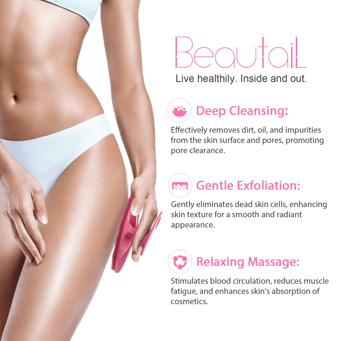 BEAUTAIL Silicone Body Scrubber Shower Bath Wash Brush Gentle Exfoliating Scrub Cleansing Loofah for Women Men Baby Sensitive Skin, Easy to Clean, Lather Nicely, More Hygienic, 1 Pack, Pink