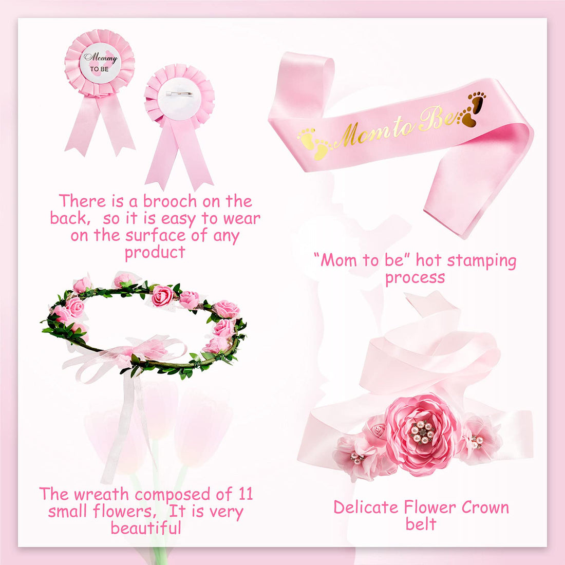 Xinnun 5 Pcs Baby Shower Maternity Sash Kit Shoulder Sash and Pin Daddy Corsages Flower Crown Pregnancy Sash Rose Wreath Headdress for Baby Shower Pregnancy Parents Prop Present Party Favor(Pink)