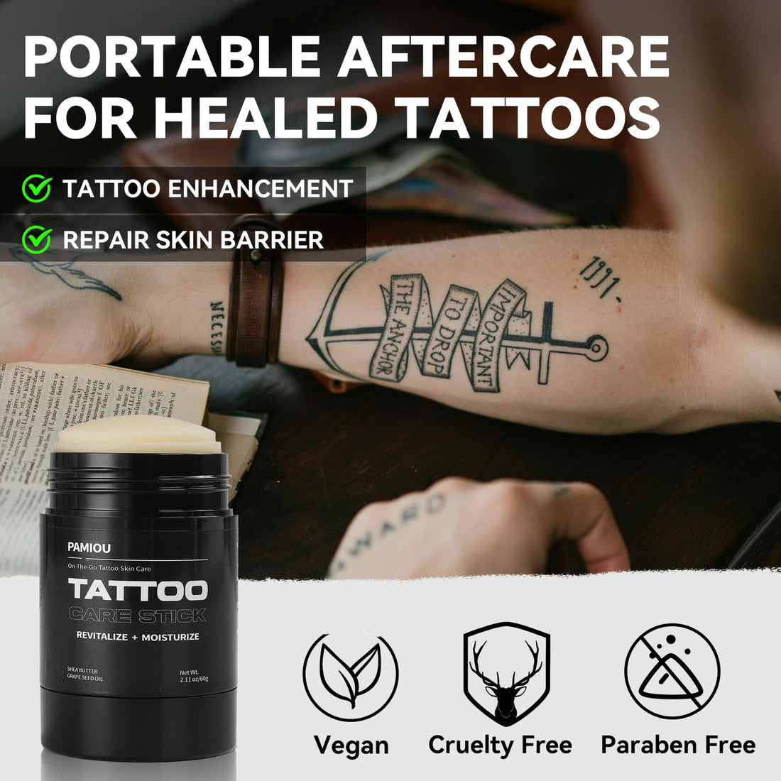 Pamiou Tattoo Aftercare Tattoo Butter Balm, On The Go Tattoo Care Stick, Portable Balm For Color Enhancement, Brightener & Moisturizer With Naturally Derived Ingredients - 2.11 oz
