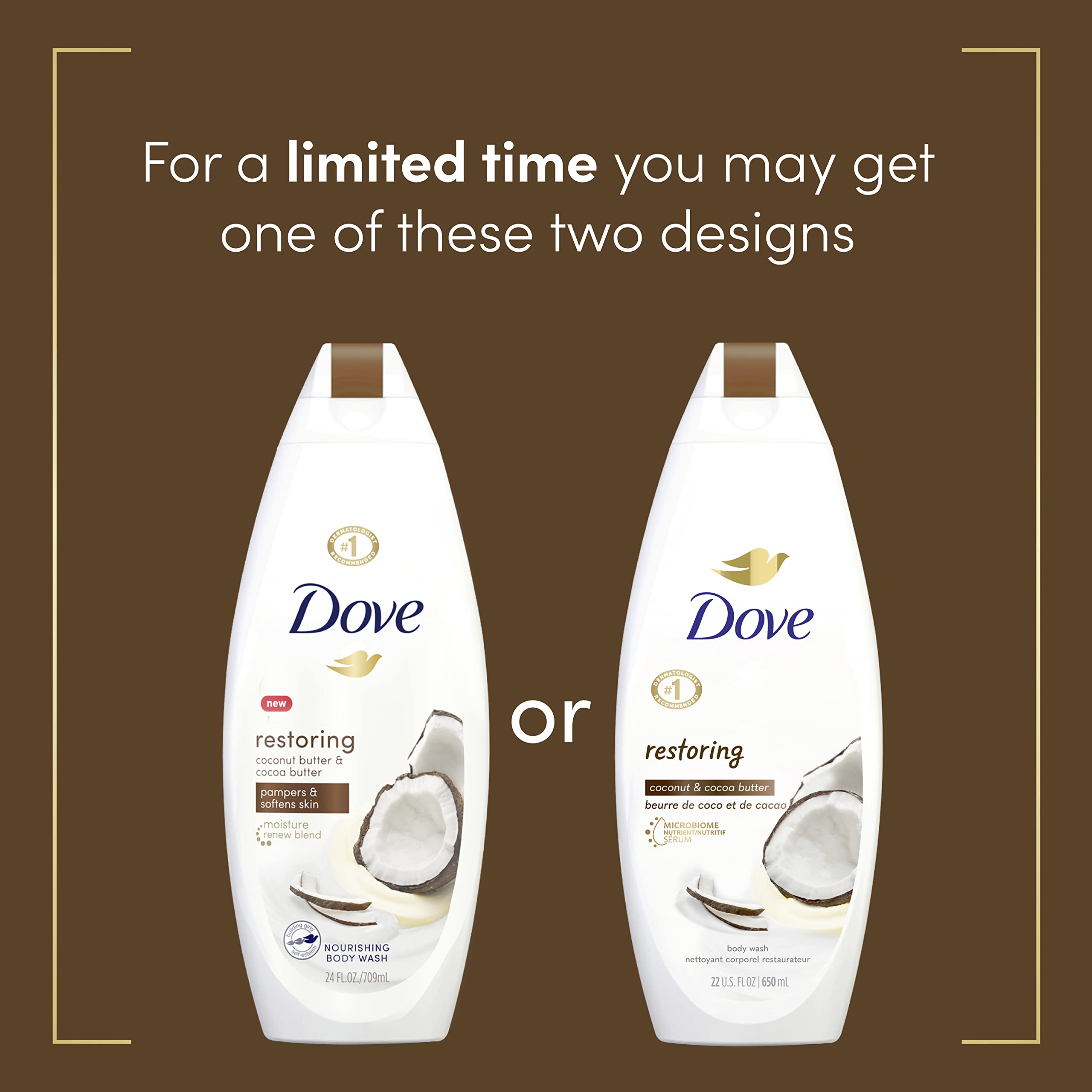 Dove Purely Pampering Body Wash for Dry Skin Coconut Butter and Cocoa Butter Effectively Washes Away Bacteria While Nourishing Your Skin 22 oz, 4 count