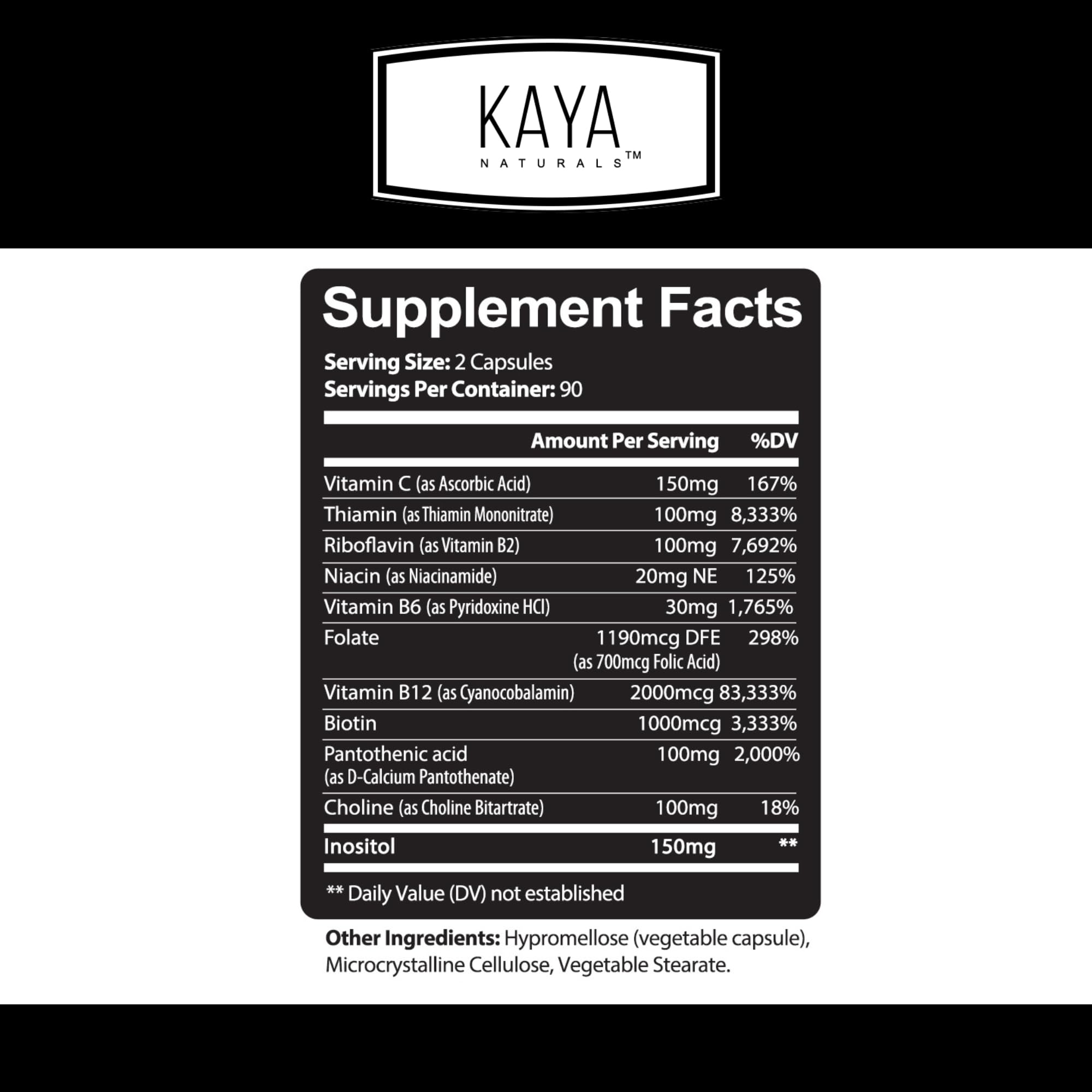 Kaya Naturals B-12 Complex | Multivitamin Supplement for Women & Men | Energy and Metabolism Booster | Vitamin Supplement with Biotin, Choline, Inositol, Folate, and Vitamin C – 180 Count