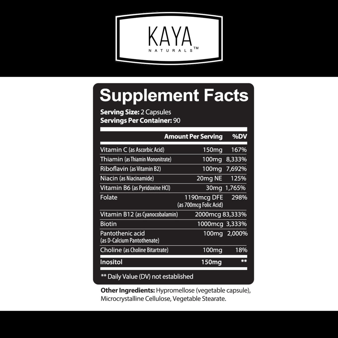 Kaya Naturals B-12 Complex | Multivitamin Supplement for Women & Men | Energy and Metabolism Booster | Vitamin Supplement with Biotin, Choline, Inositol, Folate, and Vitamin C – 180 Count