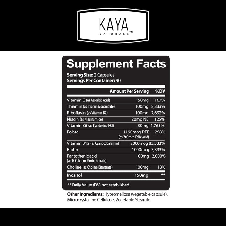 Kaya Naturals B-12 Complex | Multivitamin Supplement for Women & Men | Energy and Metabolism Booster | Vitamin Supplement with Biotin, Choline, Inositol, Folate, and Vitamin C – 180 Count