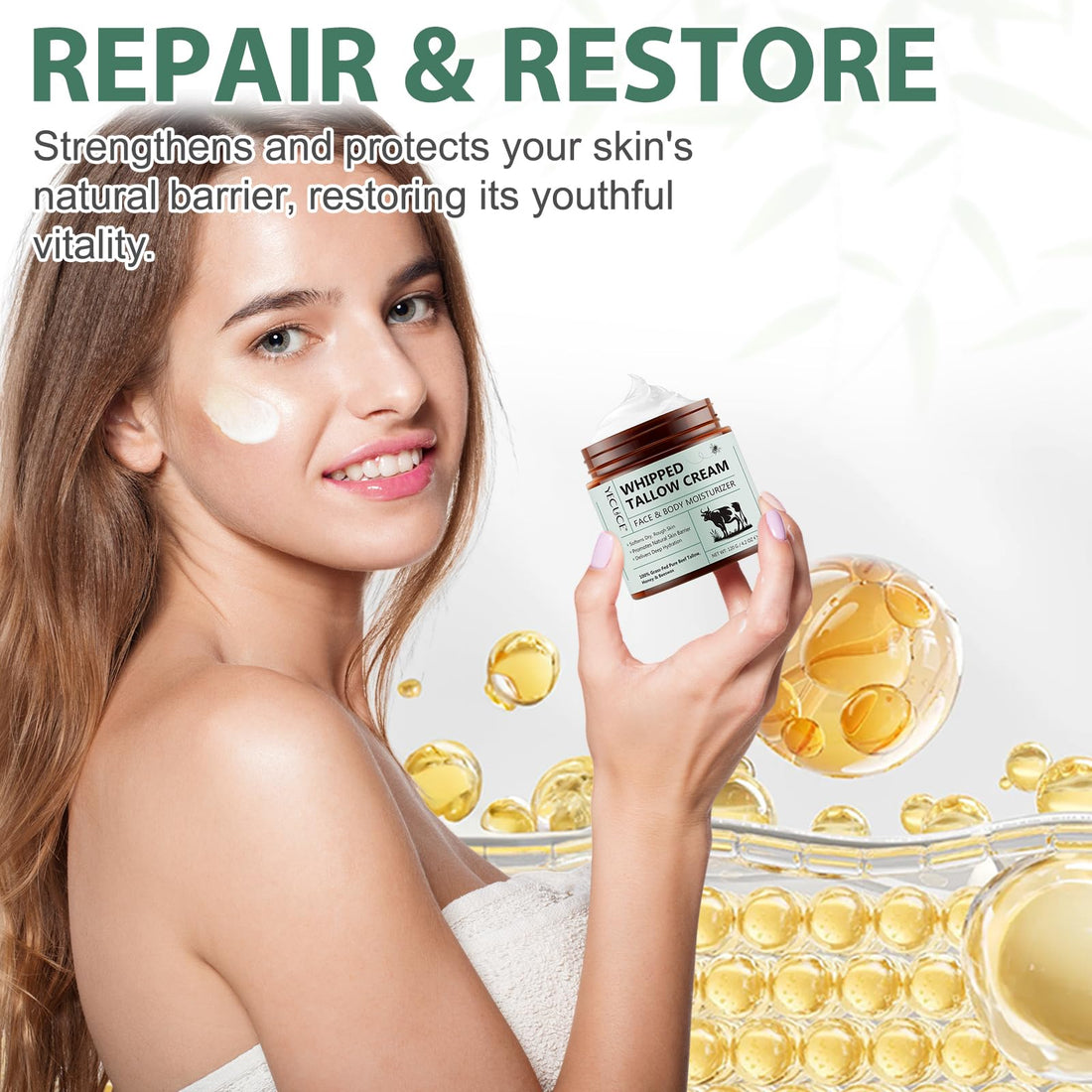 Nyloriaine 120g Beef Tallow for Skin Wild Honey Beewax Grassed Fed Tallow Whipped Cream, Deep Hydrating Body Lotion Face Moisturizer, Tallow and Honey Balm