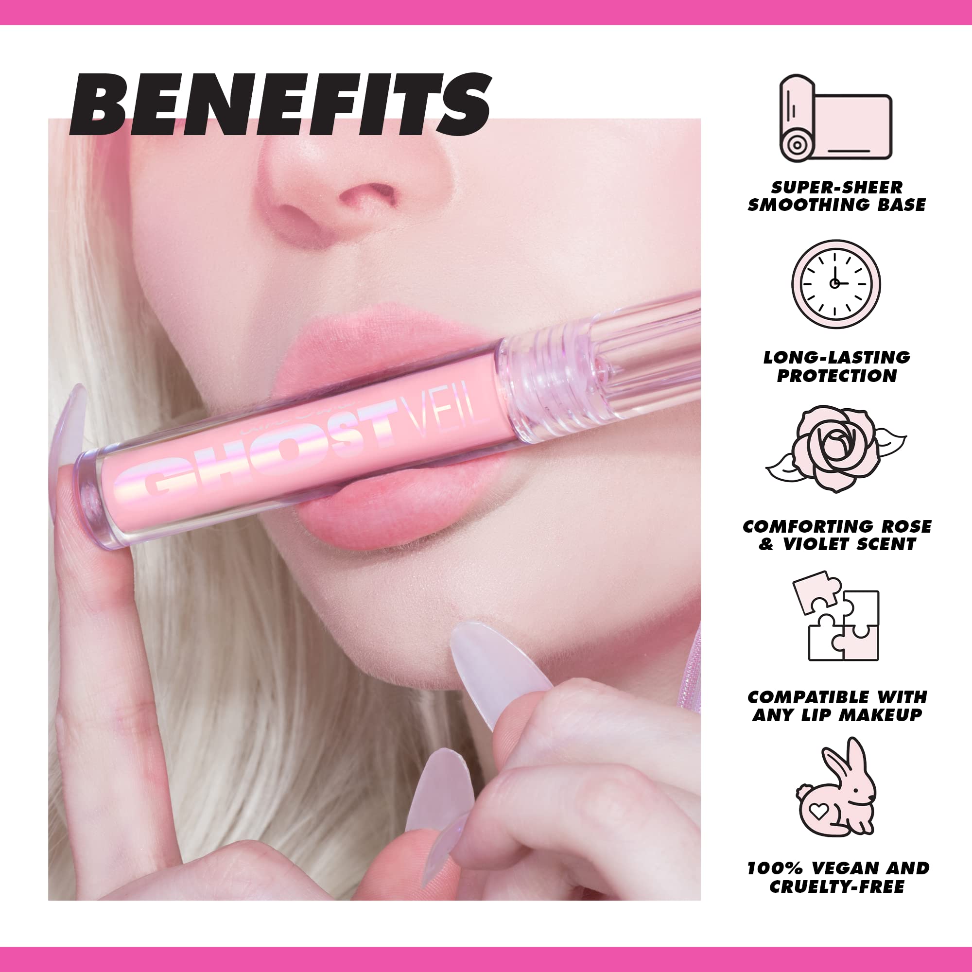 Lime Crime Ghost Veil Lip Primer, Translucent Sheer Pink - Extends the Life of Lipstick & Gloss - Prevents Feathering, Fading & Flaking - Violet & Rose Scent - Vegan, Cruelty Free - 0.12 oz