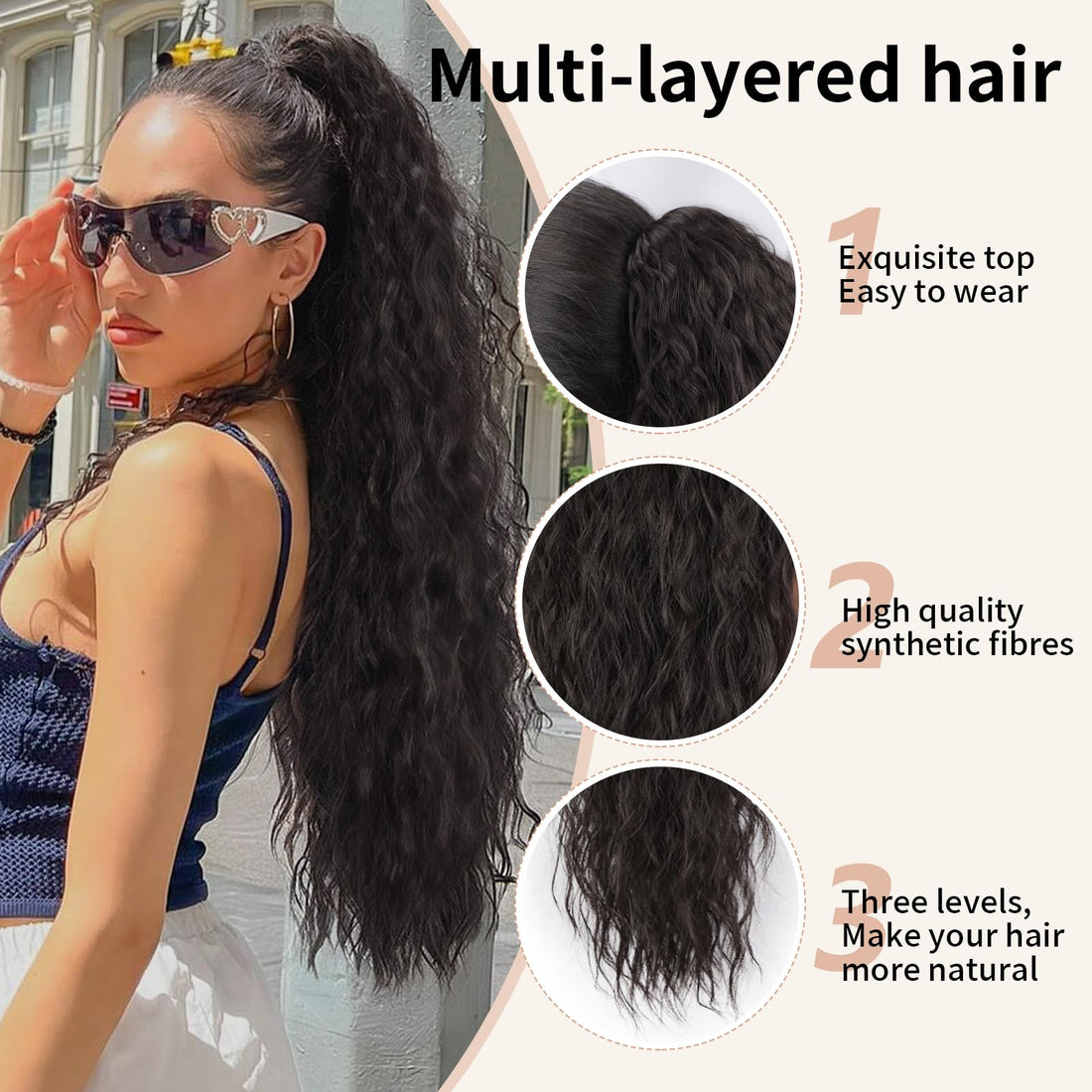 ORSUNCER Claw Long Wavy Ponytail Extension Black Brown 30 Curly Pony Tail Clip in Hair Extensions for Women fluffy Natural Looking Synthetic Hairpiece for Daily Use