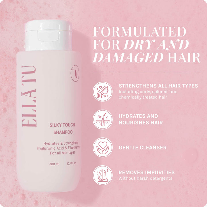 Ellatu Silky Touch Shampoo + Conditioner Set - Nourishing Formula with Hyaluronic Acid, Castor, & Moringa Oil for All Hair Types - Dry, Damaged, Curly Hair - Hydrates, Strengthens, & Adds Shine
