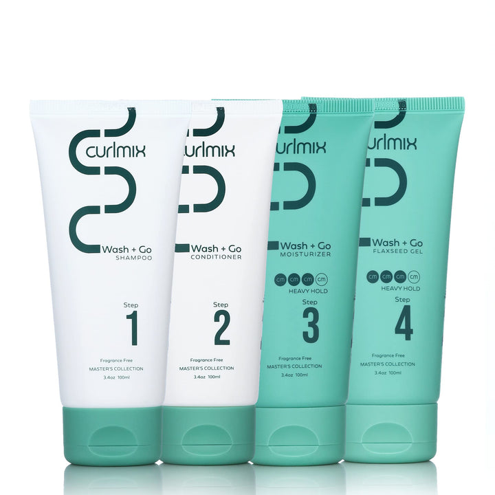 CurlMix Wash & Go System - Travel Size Sample Curly Hair Shampoo & Conditioner Set with Moisturizer & Flaxseed Gel - Fragrance Free - Heavy Hold