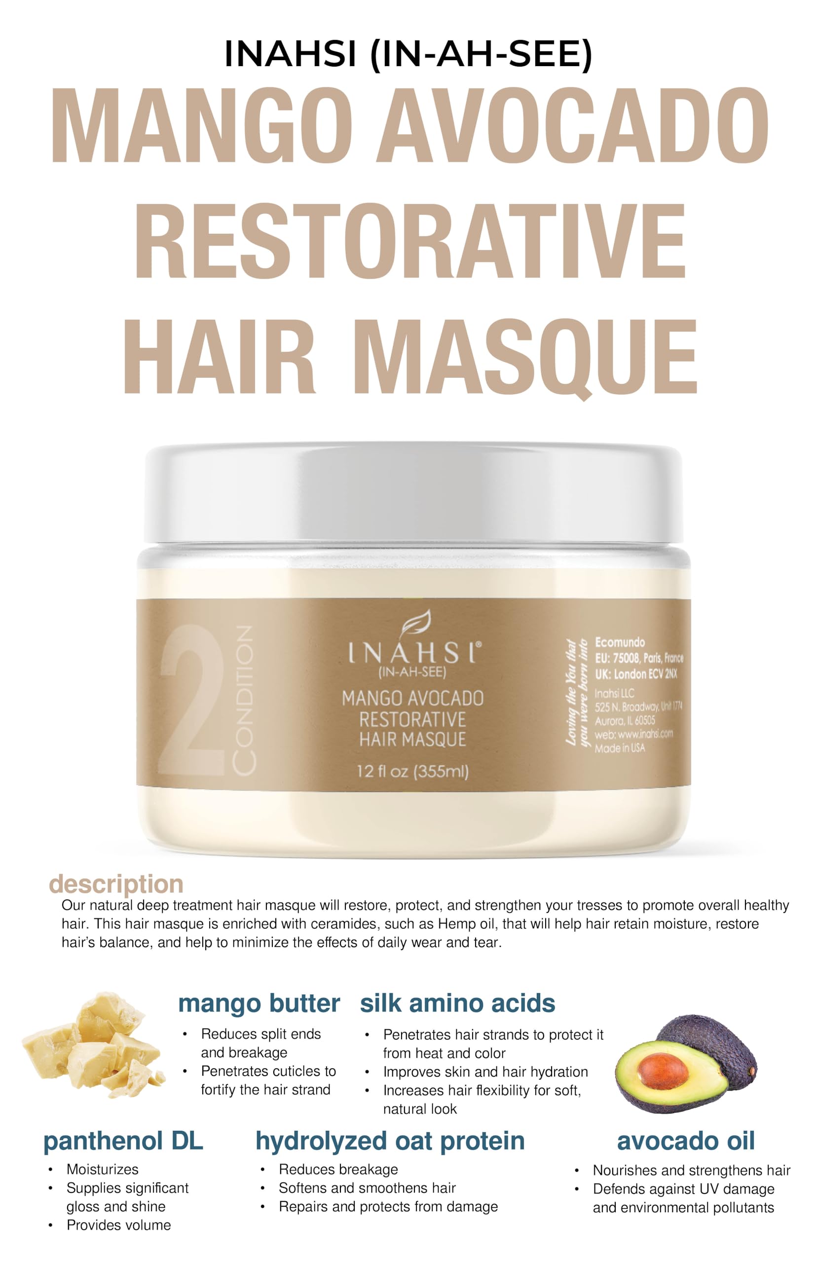 INAHSI Mango Avocado Restorative Hair Masque | Deep Conditioner for Men, Women & Kids with Curly Hair | Hair Products for Natural Curls - 12 oz | Made in the USA