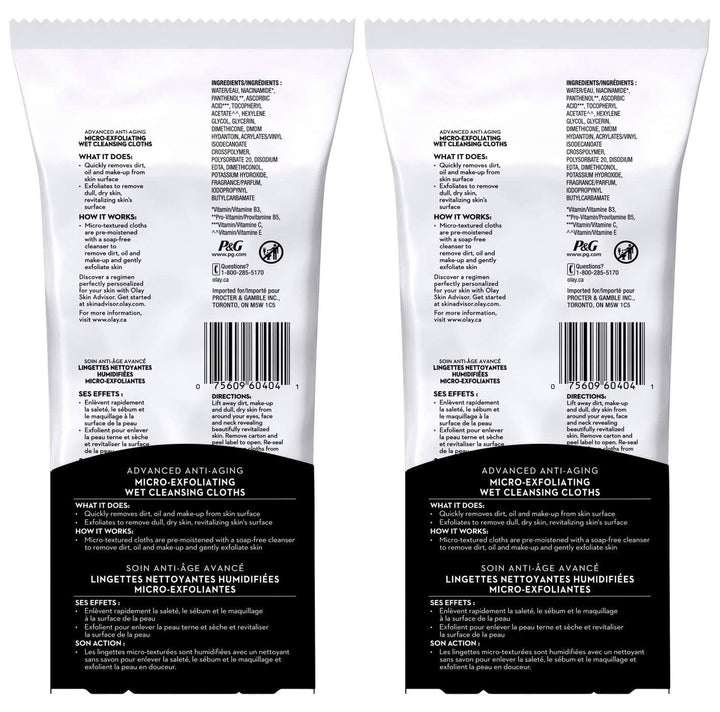 OLAY Regenerist Advanced Anti-Aging Micro-Exfoliating Cleansing Cloths 30 Each (Pack of 2)