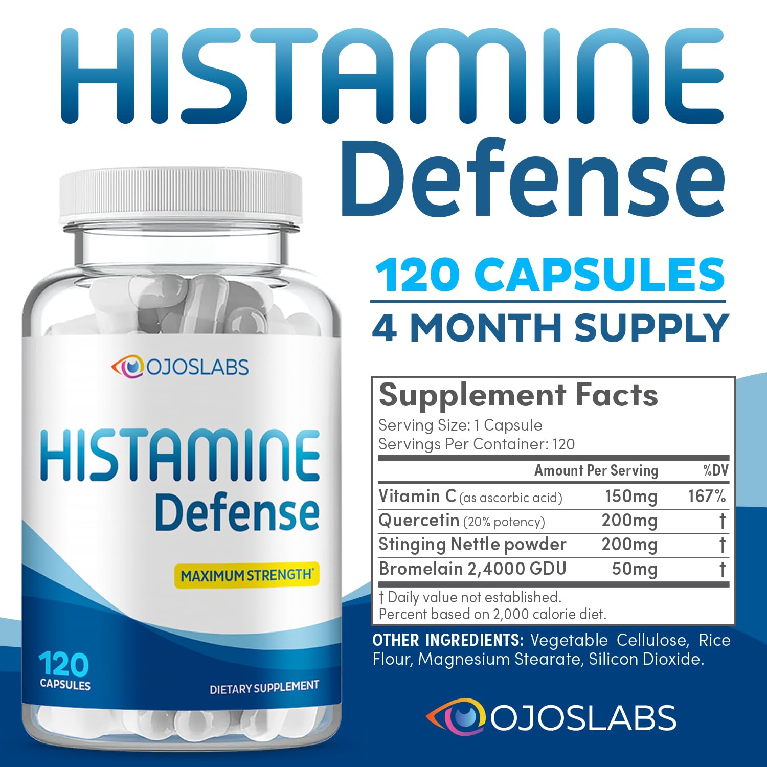 OjosLabs Advanced Histamine Defense - Natural D-Hist Supplement to Block Histamine Intolerance - 120 Capsules