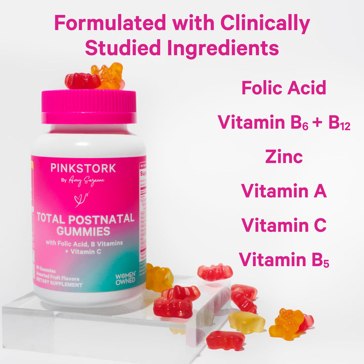 Pink Stork Total Postnatal Vitamin Gummies - Multivitamin for Postpartum Recovery and Lactation Support - Folic Acid, B6, & Vitamin C - Breastfeeding Essentials - 60 Gummy Vitamins