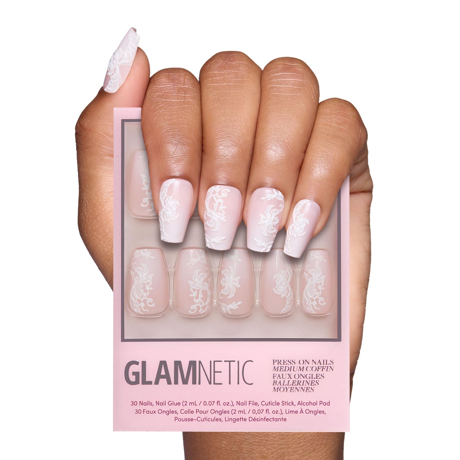 Glamnetic Press On Nails - Lace Blush | Glossy, Matte, Opaque, Medium Coffin Nails, with Lace Detailing, Salon Quality | 15 Sizes - 30 Nail Kit with Glue