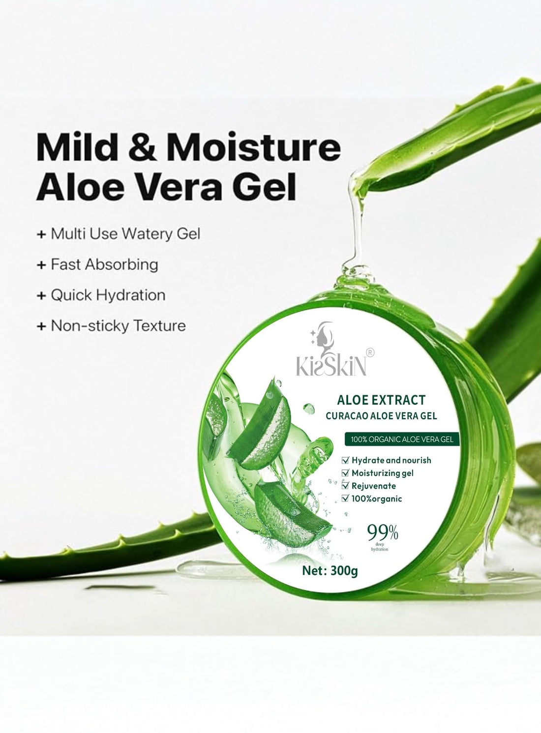 kisskin Organic Aloe Vera Gel, 100% Pure Soothing Moisturizer And Hydrating Gel, Fast Absorbing, Unscented,For Face, Body, Hair And Skin, No Alcohol And Unscented 10.5oz